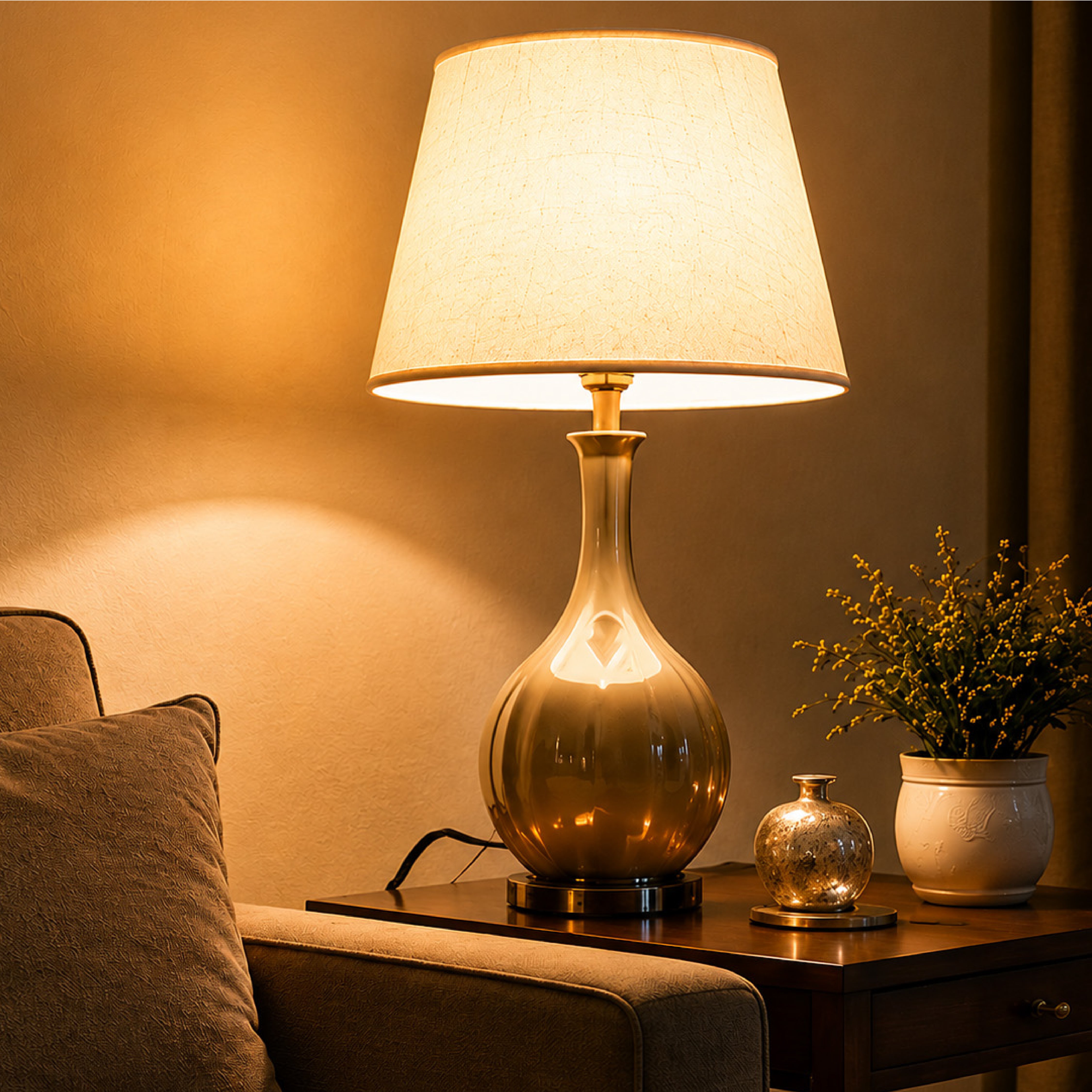 DOMIRA G9 Halogen Bulb 28W fitted in
a modern table lamp providing bright
warm white lighting.