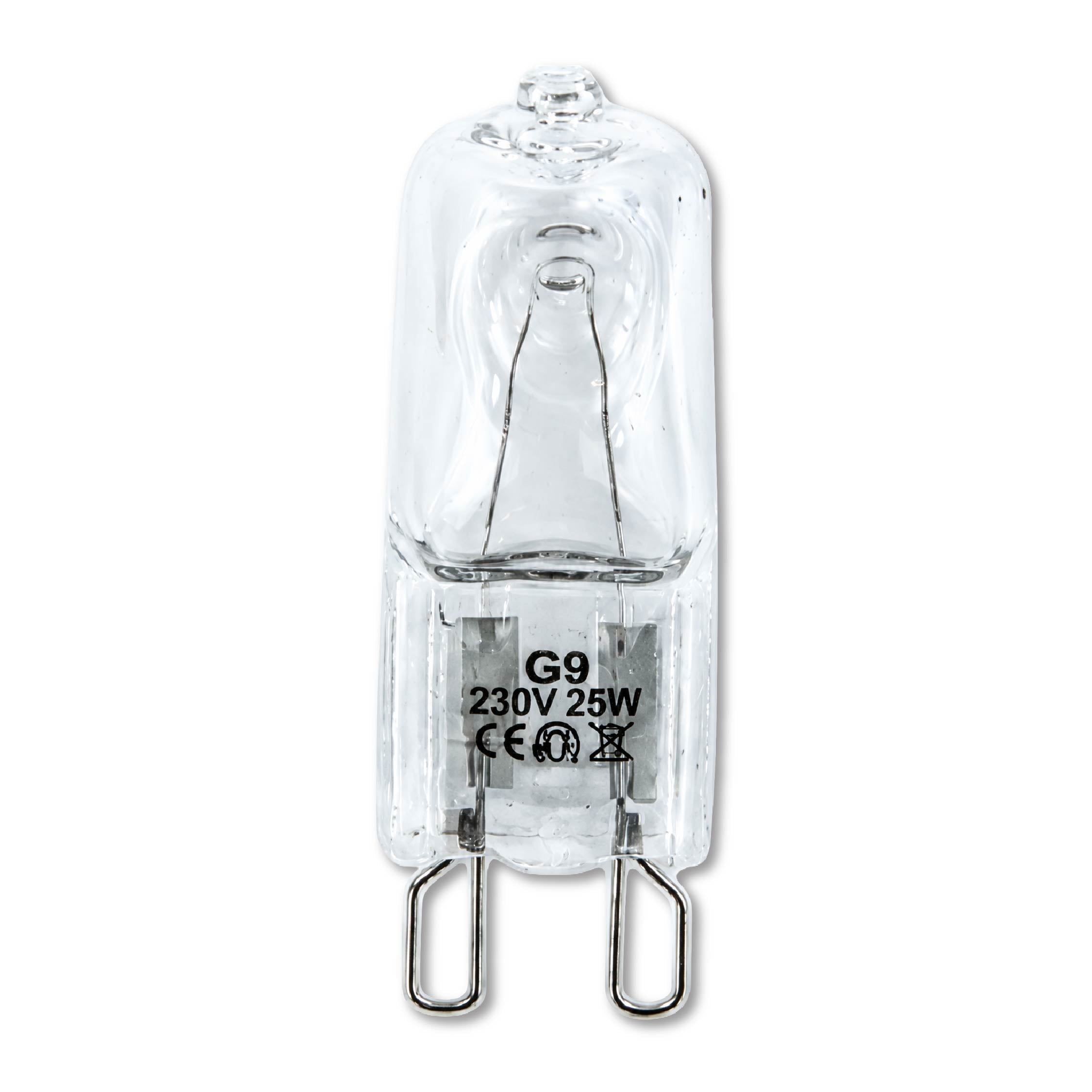 Front view of the DOMIRA 25W G9
halogen bulb showing the compact glass
capsule design and G9 base for
compatible light fittings.