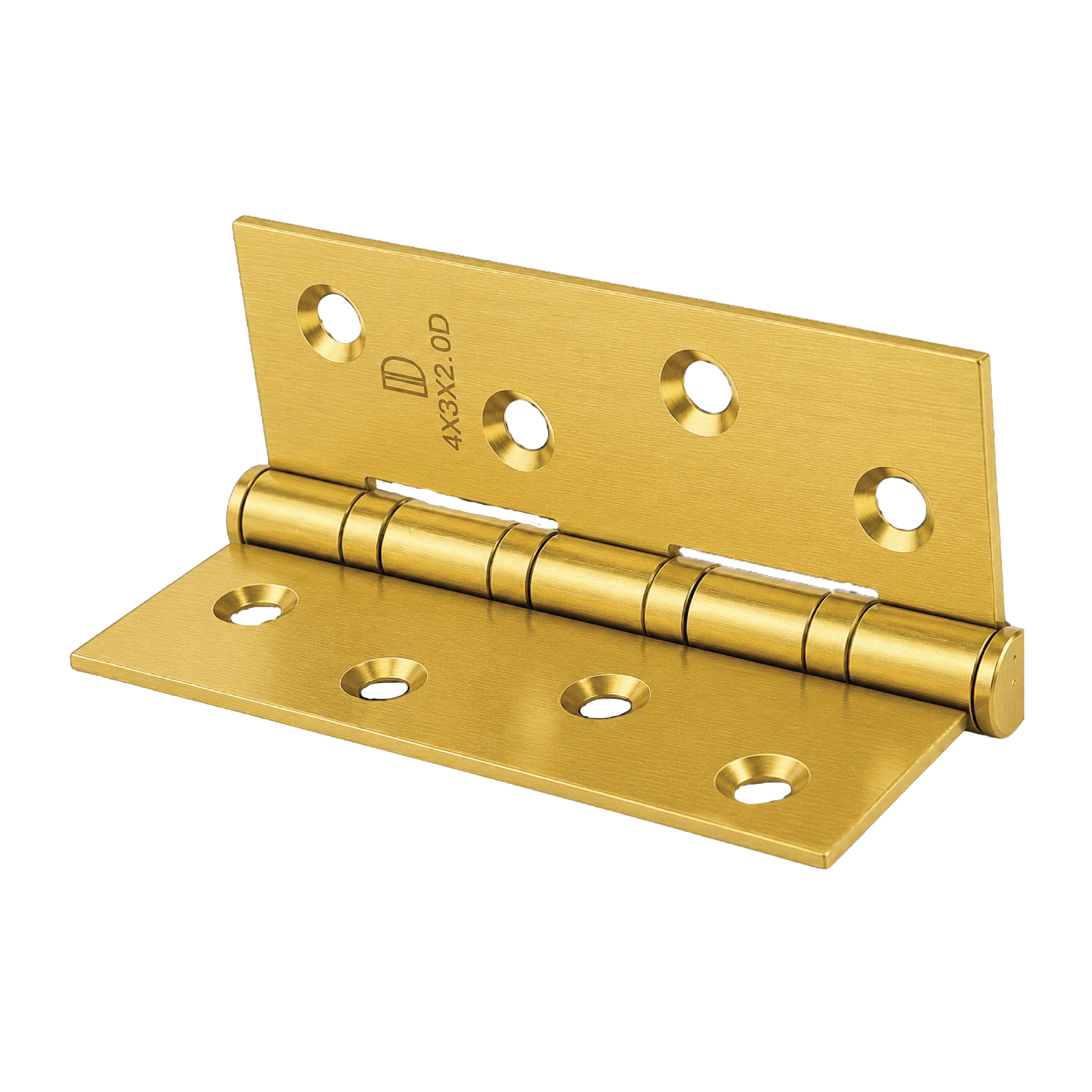 Angled view of DOMIRA gold 102mm steel
ball bearing door hinge suitable for internal
and external wooden doors.