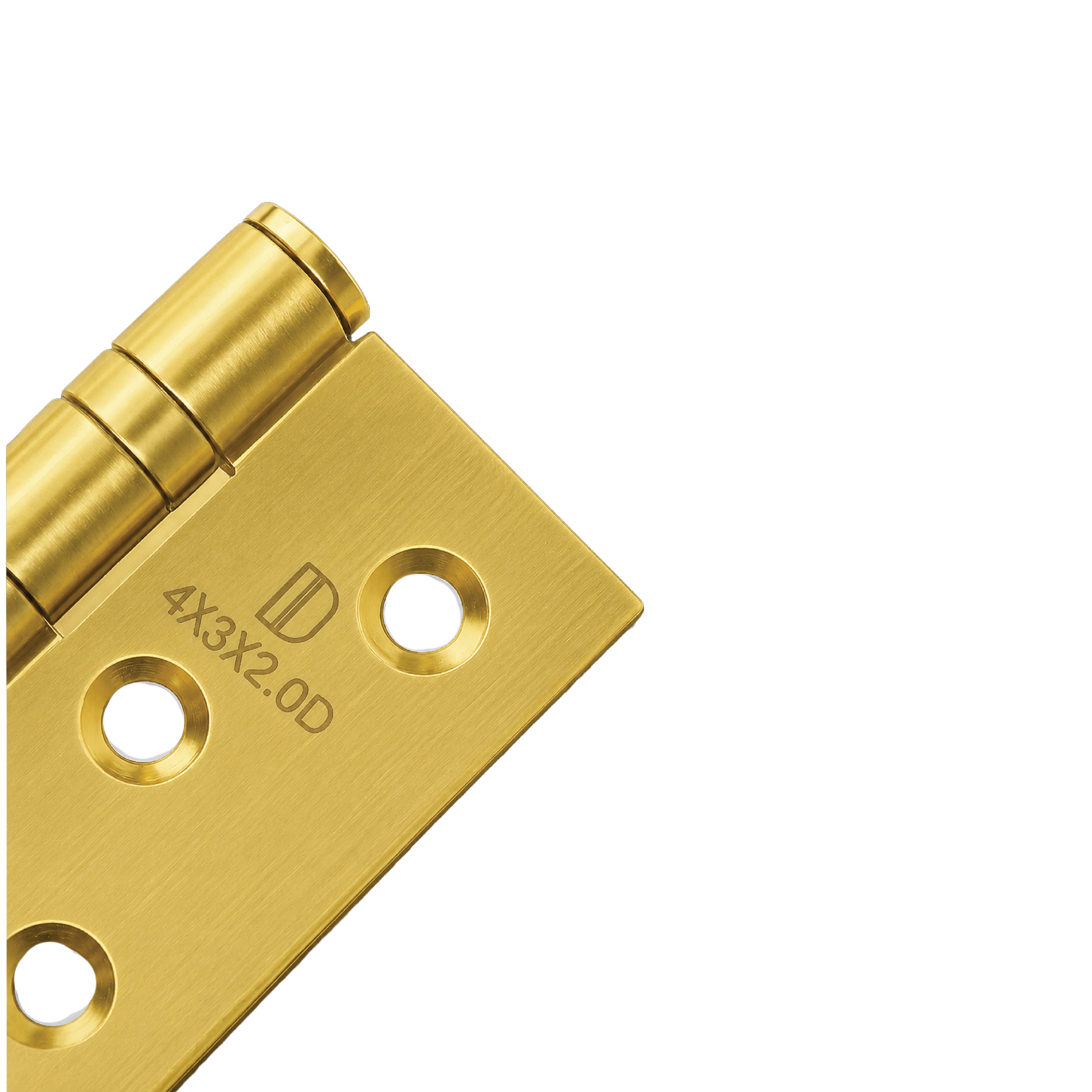 Close-up image showing the decorative gold
finish and heavy-duty steel construction of
the DOMIRA door hinge.