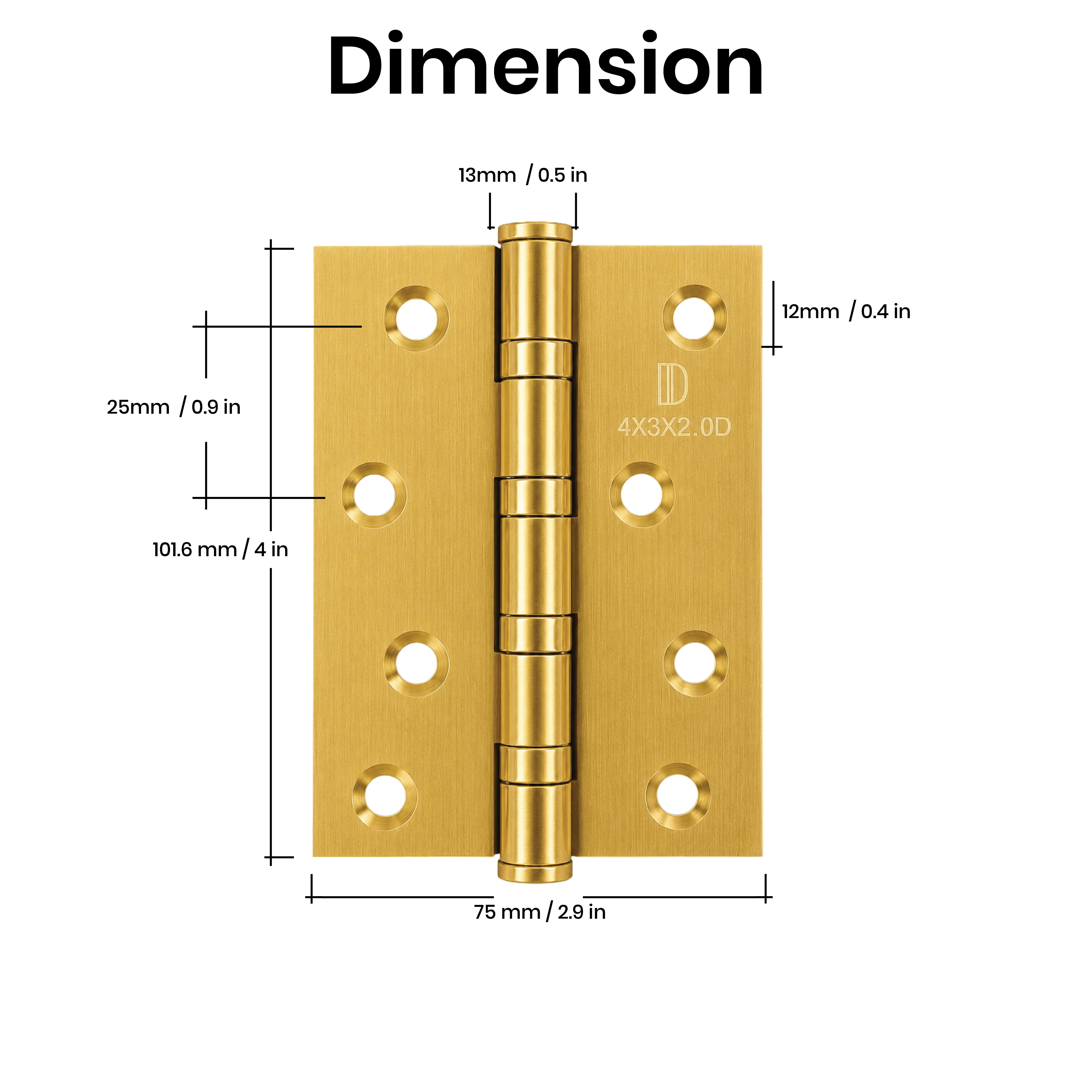 Technical dimensions of the DOMIRA gold
102mm ball bearing door hinge for accurate
installation and door alignment.