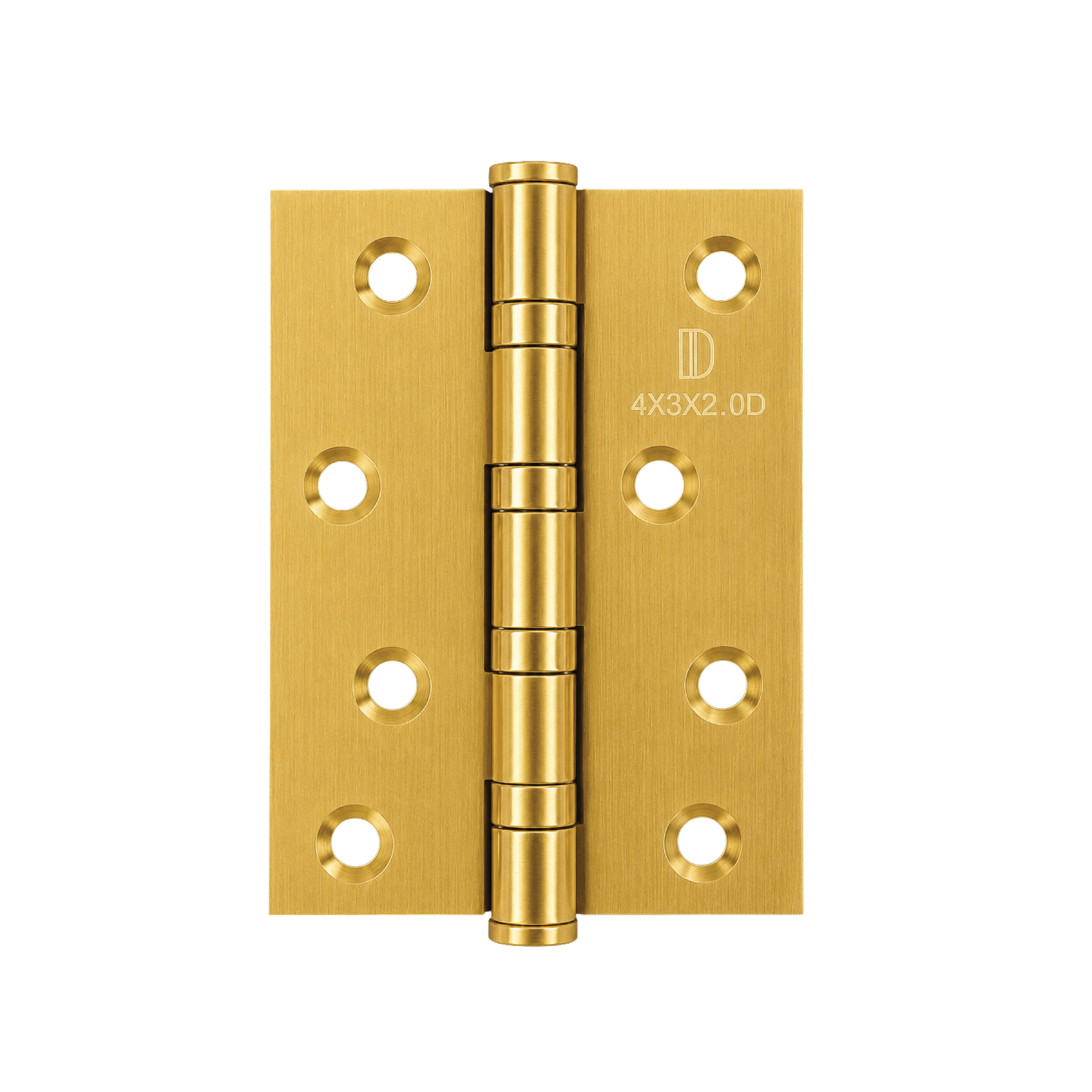 Front view of DOMIRA gold 102mm heavy-
duty ball bearing door hinges featuring a
durable decorative finish.
