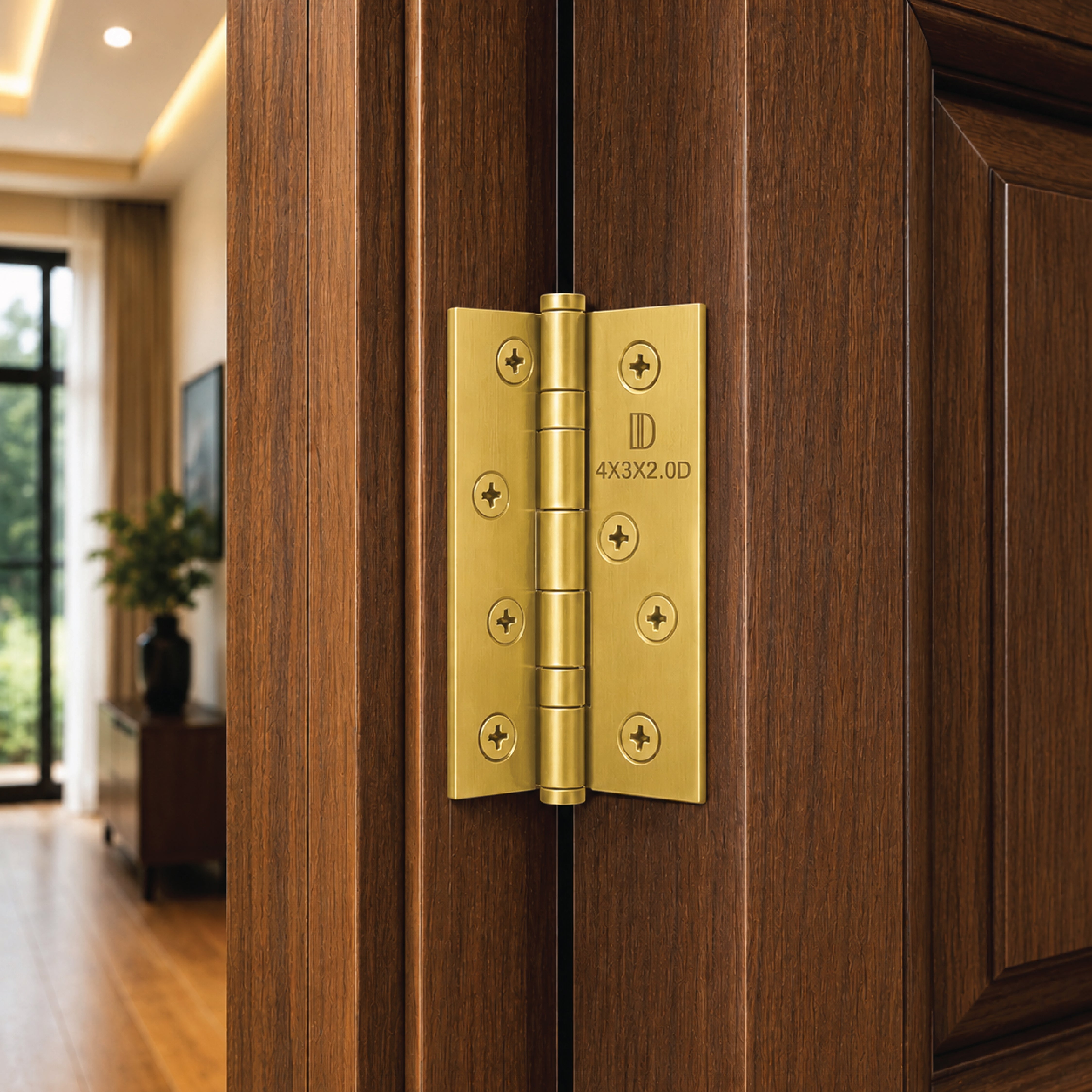 DOMIRA gold 102mm ball bearing door
hinges installed on a modern wooden door
delivering smooth, quiet and reliable
operation.