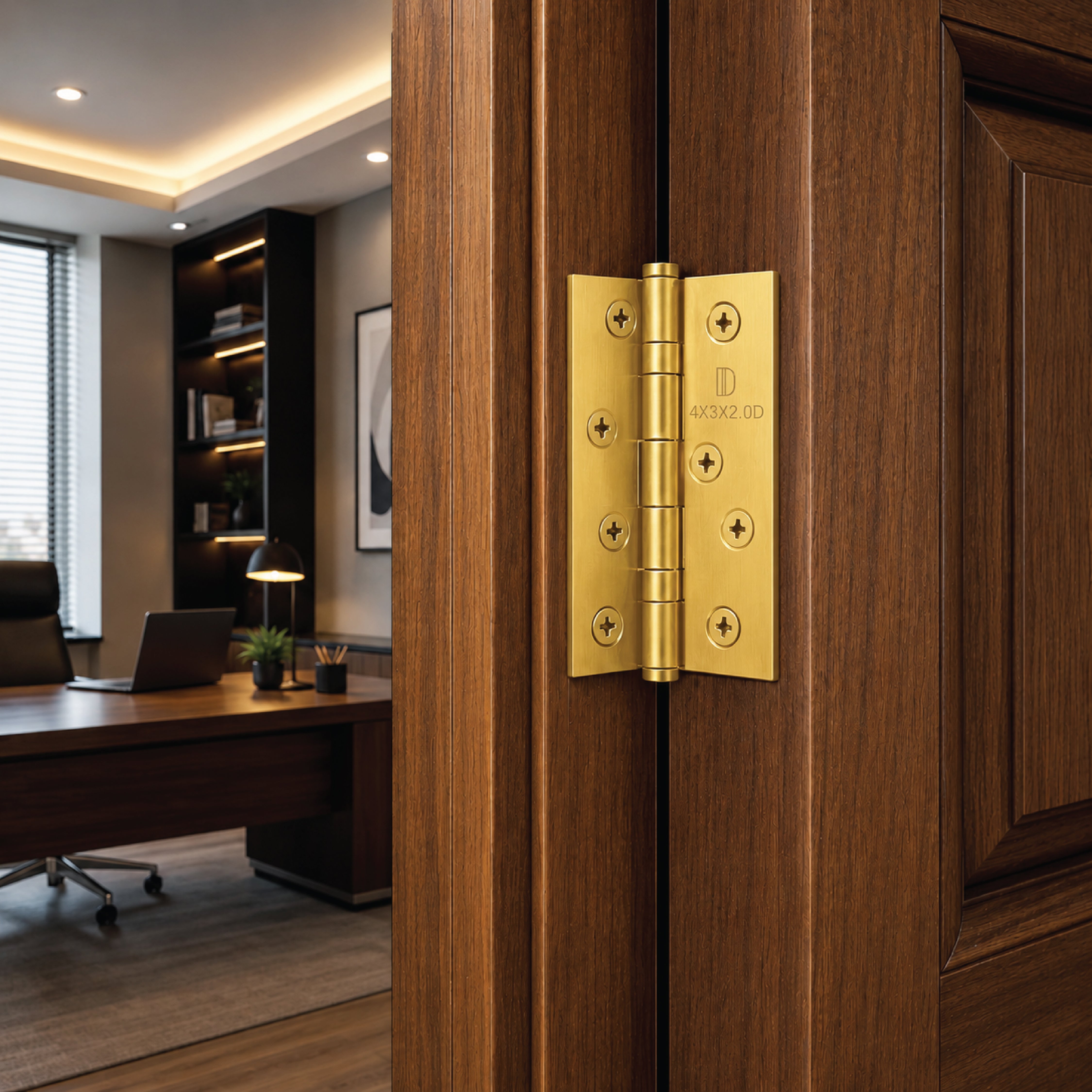 Heavy-duty gold steel ball bearing door
hinges fitted to an office door for
dependable everyday performance and
effortless movement.