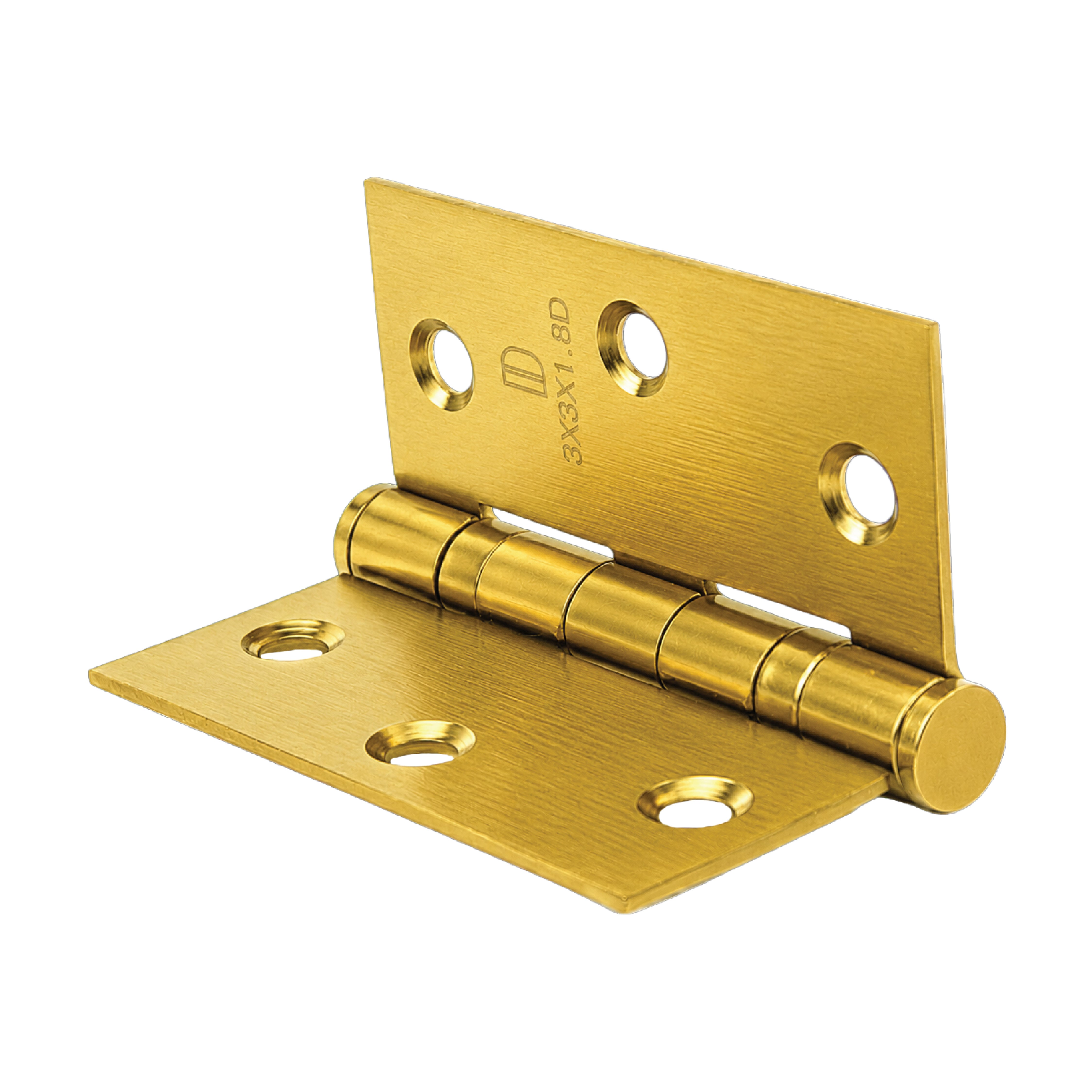 Angled view of DOMIRA gold ball bearing
door hinge with corrosion-resistant
decorative finish for wooden doors.
