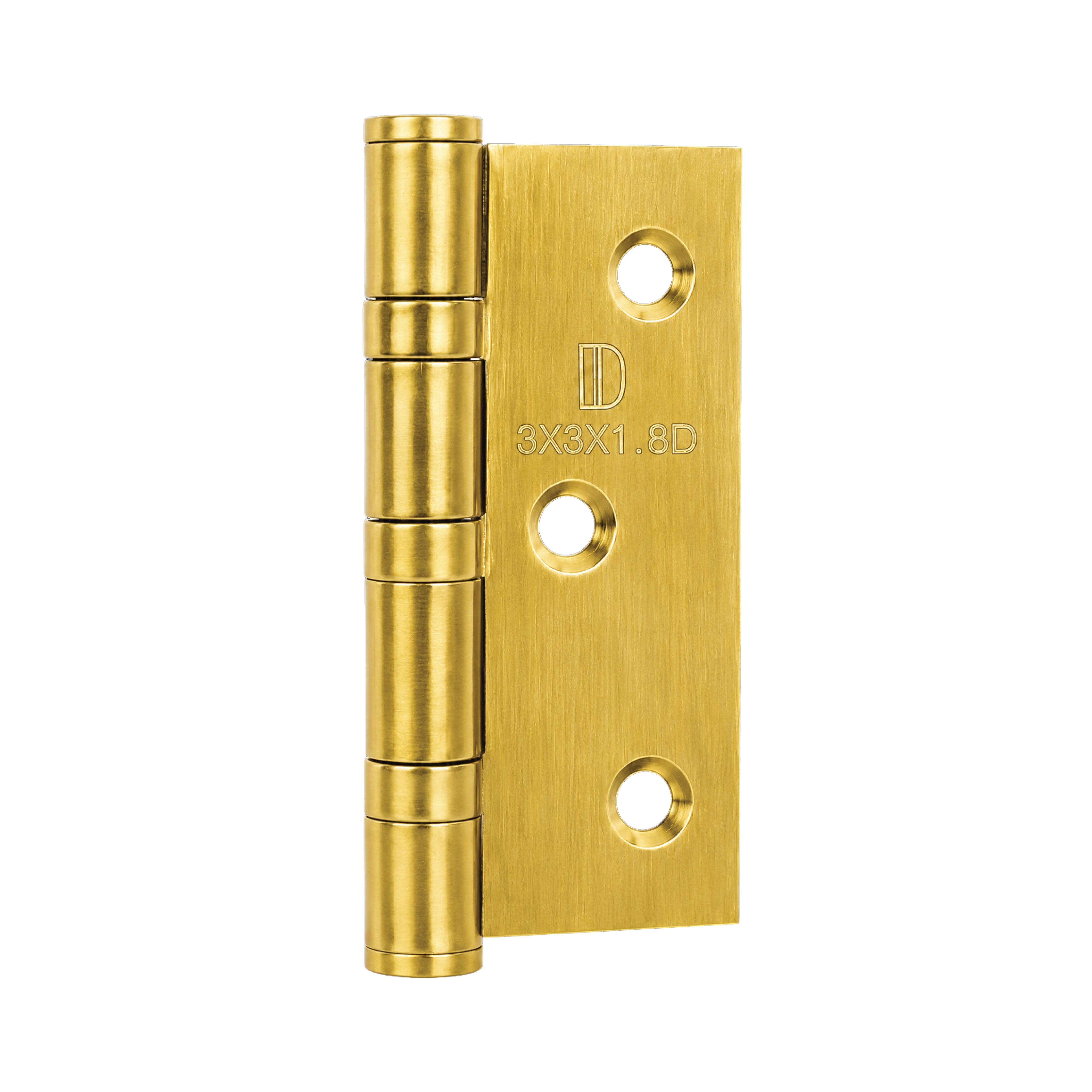 Perspective view of the DOMIRA 76mm
gold ball bearing door hinge showcasing its
premium decorative finish.