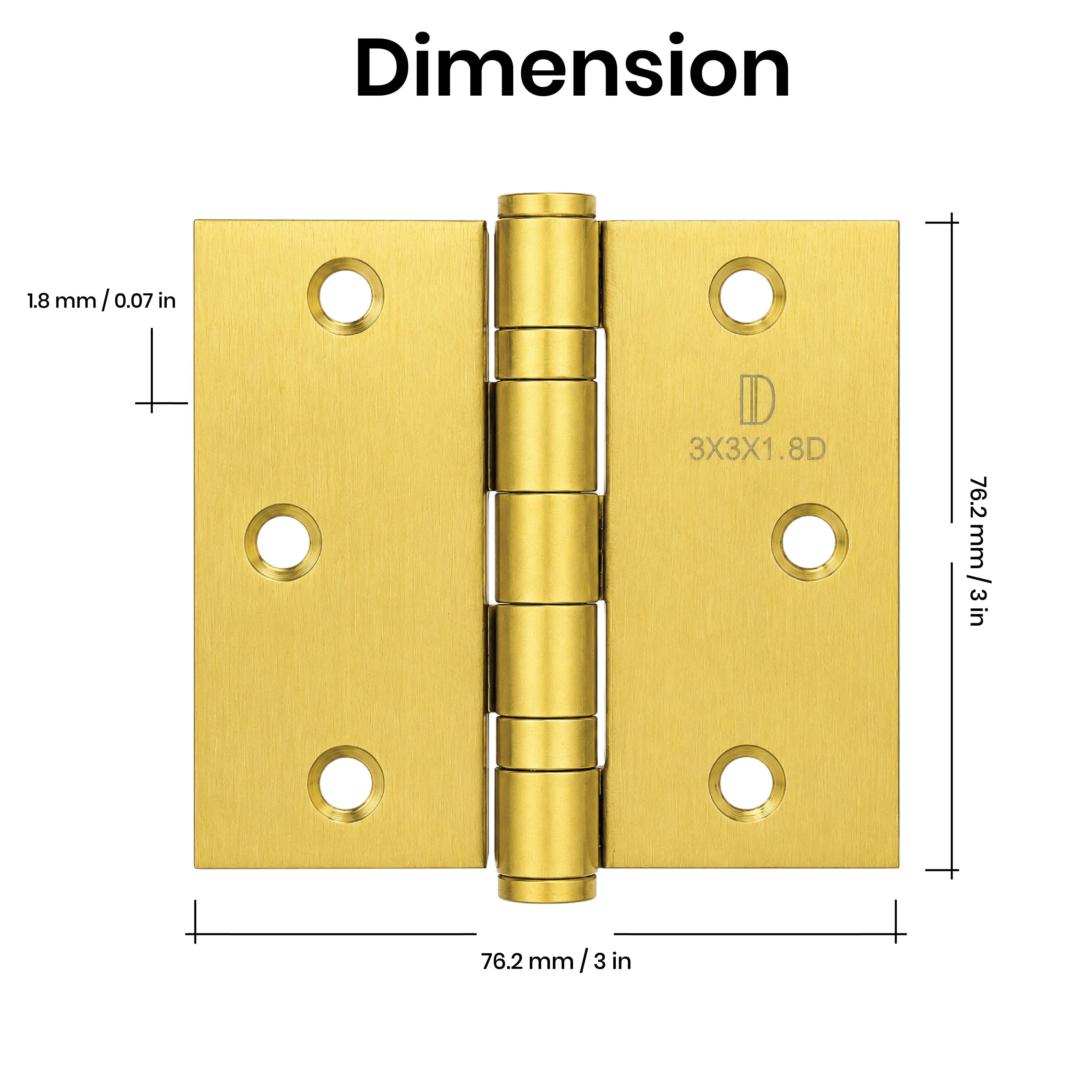 Dimensions of the DOMIRA gold 76mm ball
bearing door hinge with measurements for
accurate installation.