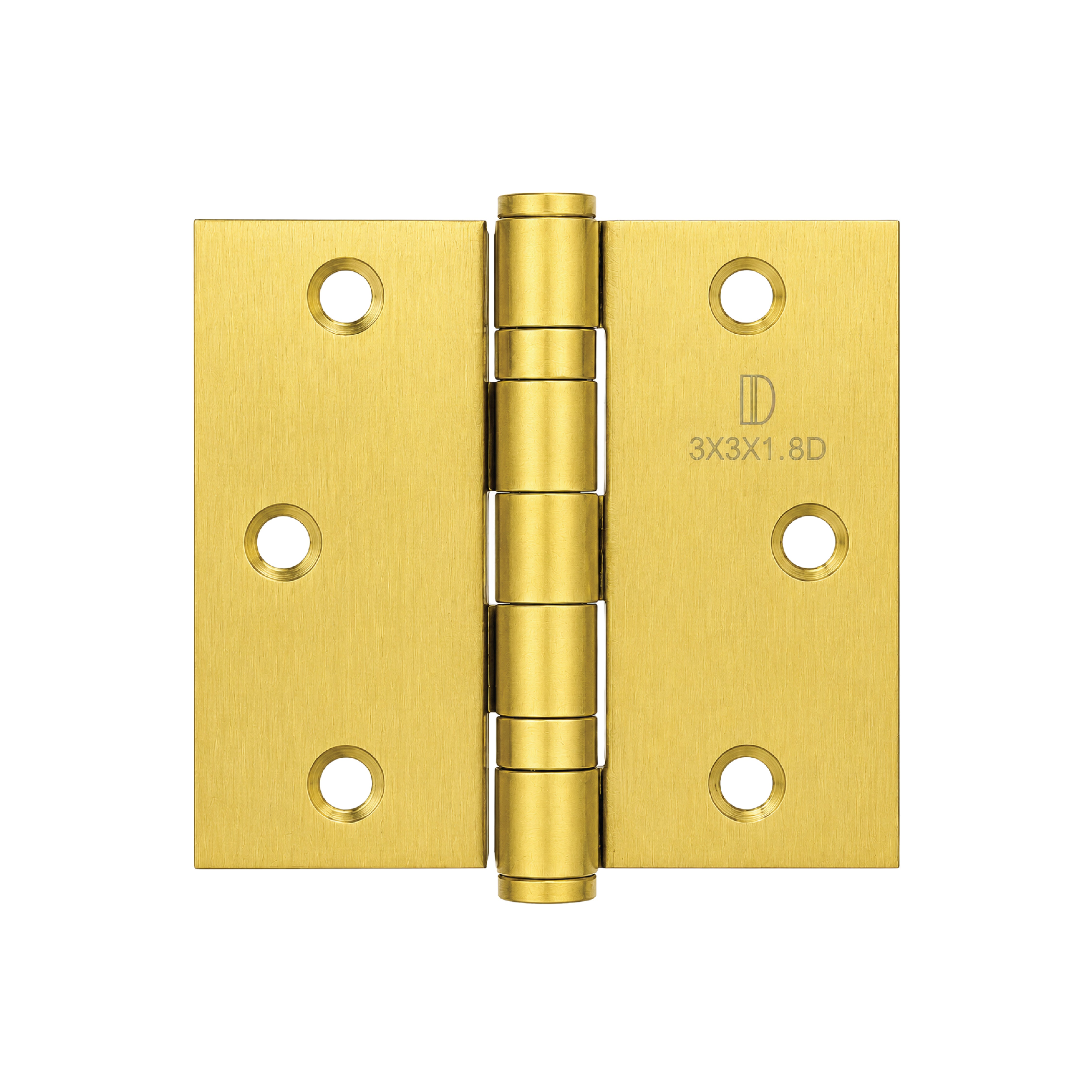 Front view of DOMIRA gold 76mm heavy-
duty ball bearing door hinges featuring a
premium gold finish for internal and external
wooden doors.
