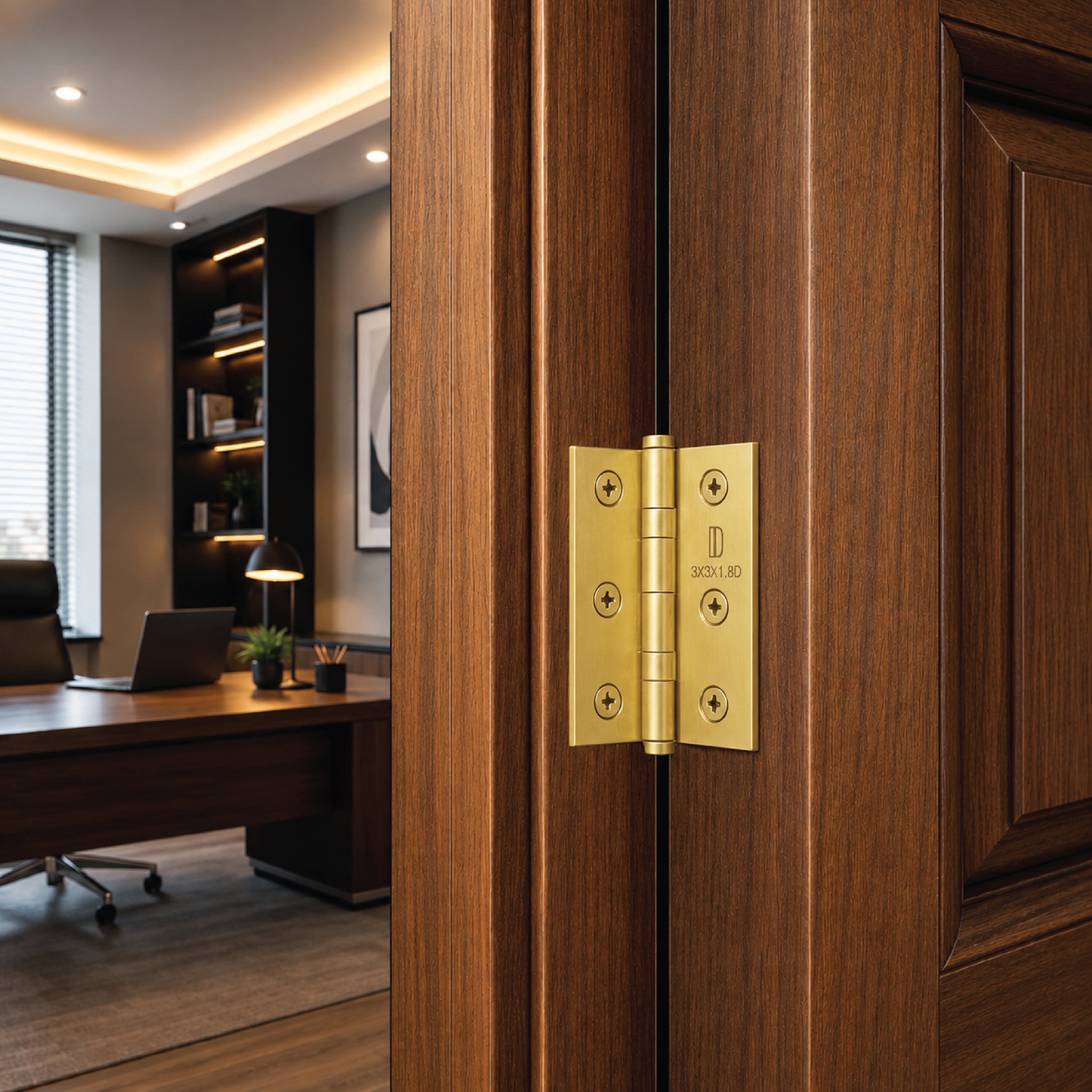 Decorative gold heavy-duty ball bearing
door hinges fitted to a contemporary office
door for long-lasting everyday performance.