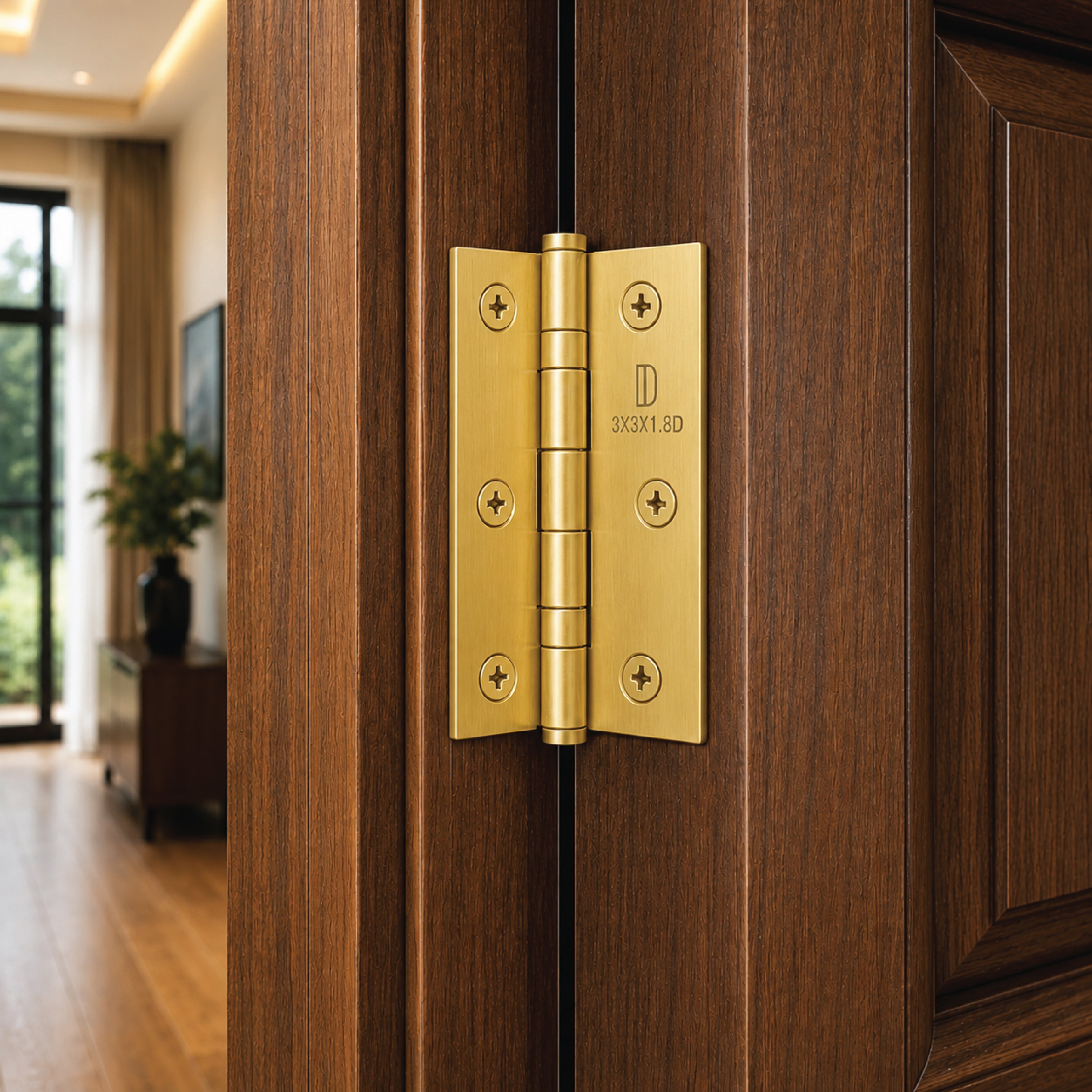 DOMIRA gold ball bearing door hinges
installed on a modern internal wooden door
providing smooth, quiet and reliable
movement.