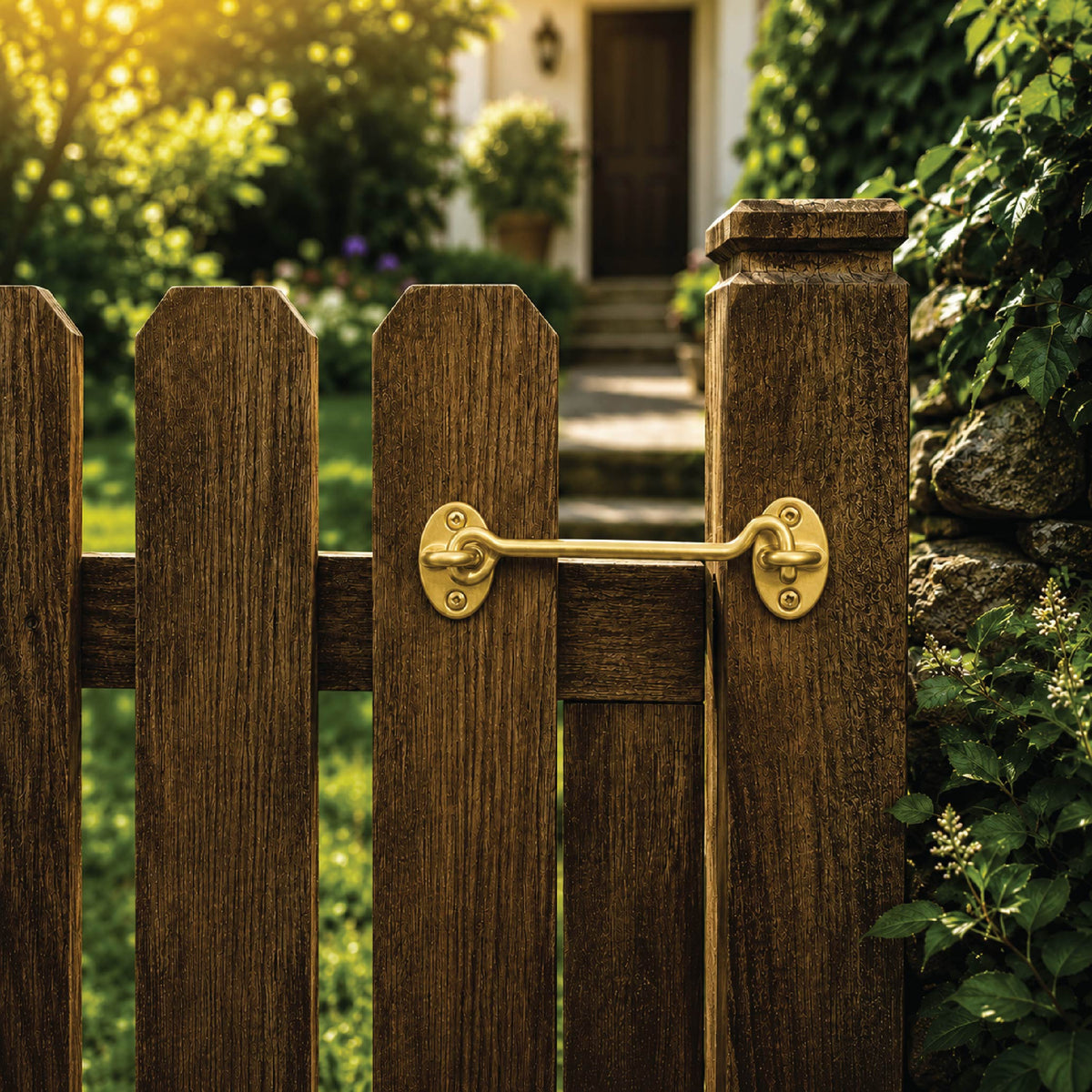DOMIRA gold gate hook and eye
latch shown securing a fence door
for dependable fastening