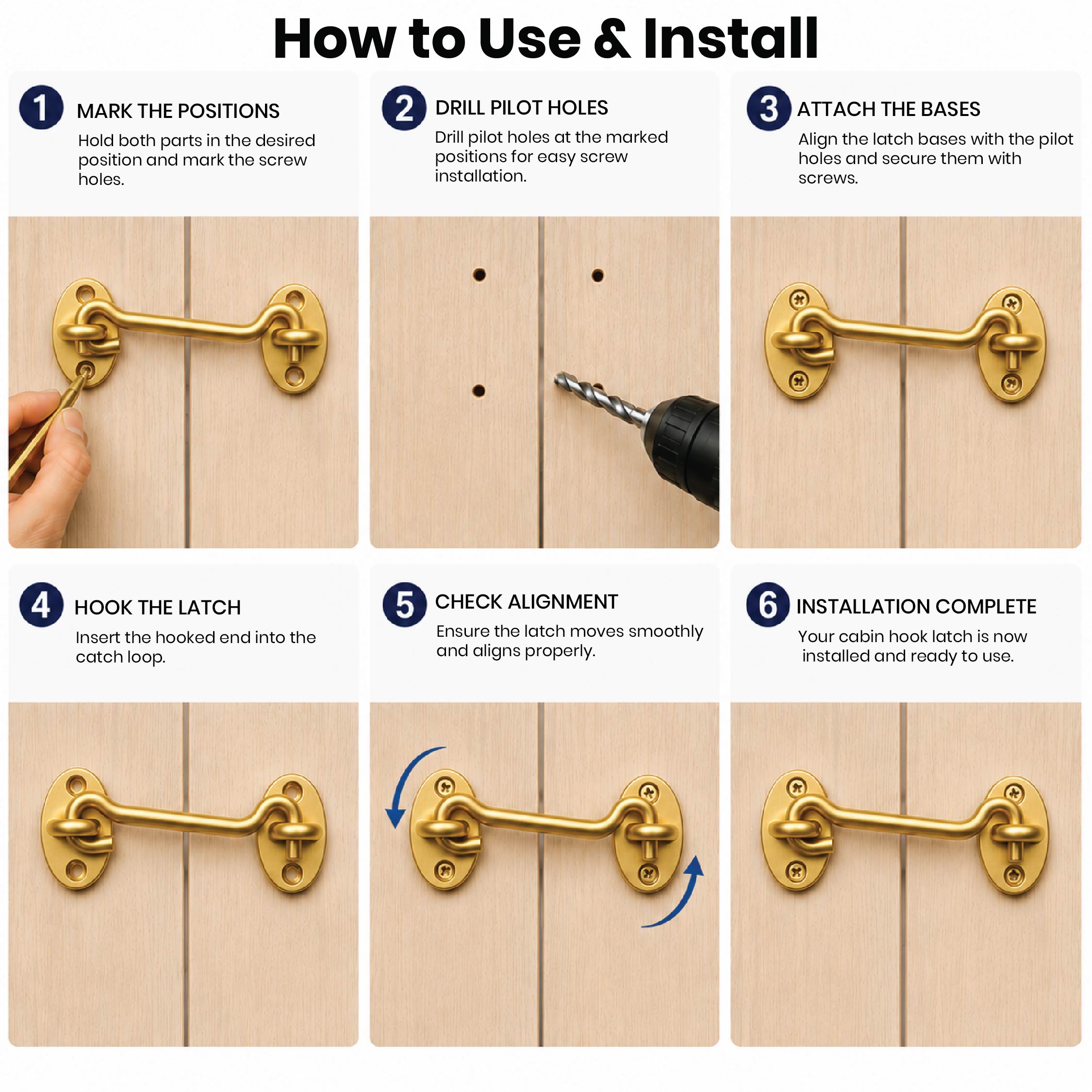 How to use the DOMIRA gold hook
and eye latch to securely fasten a
door or gate