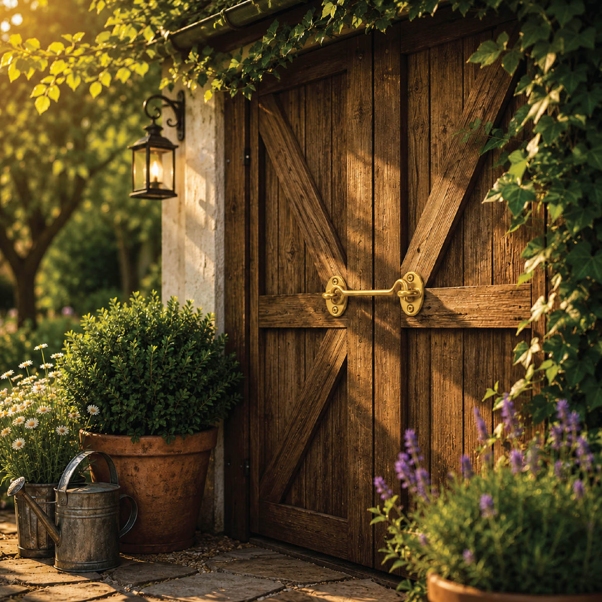 DOMIRA gold shed door lock hook
and eye latch shown securing a shed
door