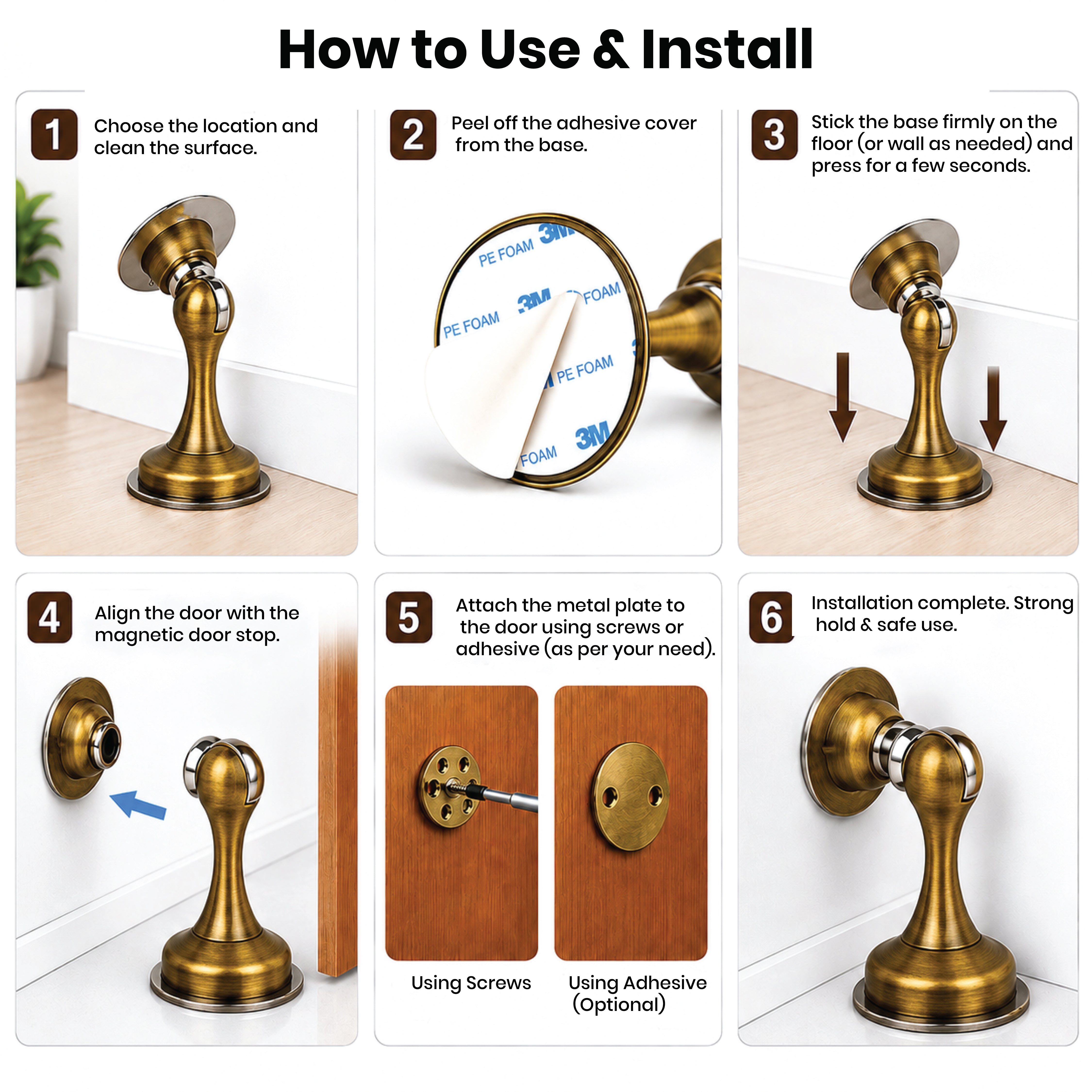 DOMIRA Magnetic Door Stopper Heavy Duty Door Stop Metal Gold Finish No Drill Strong Hold 1 Pack