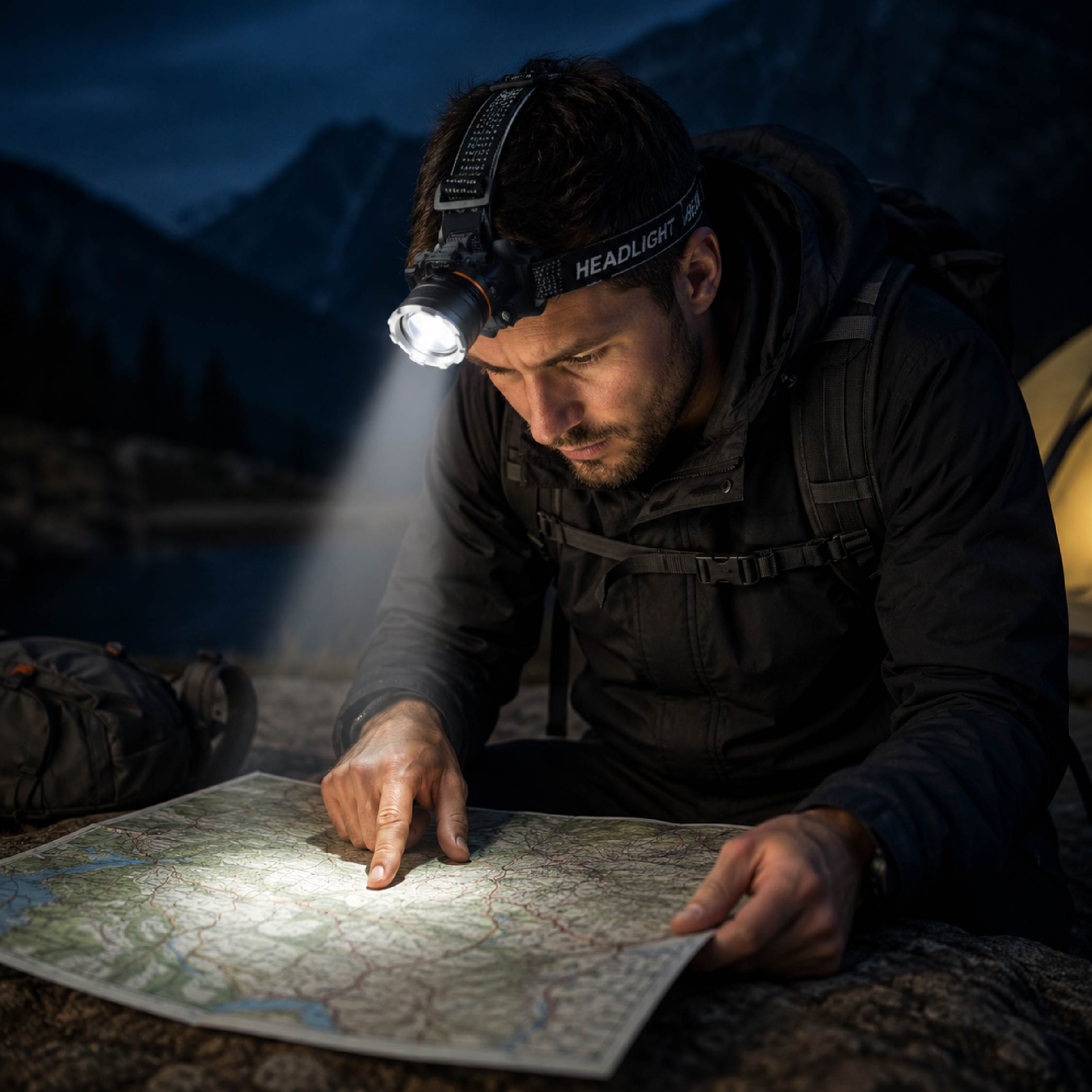 Person using the DOMIRA rechargeable LED head torch while reading a map outdoors at night, showcasing reliable lighting for hiking, navigation and adventure.