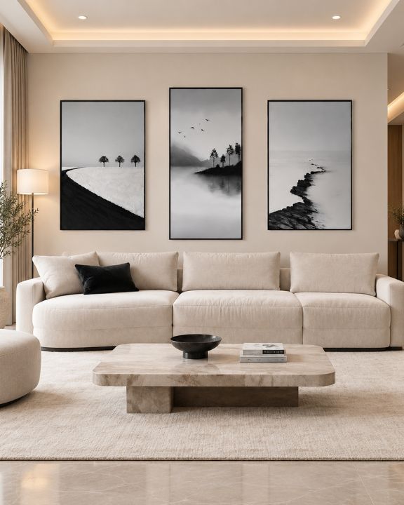 Three black and white hand embellished paintings above a cream sofa
