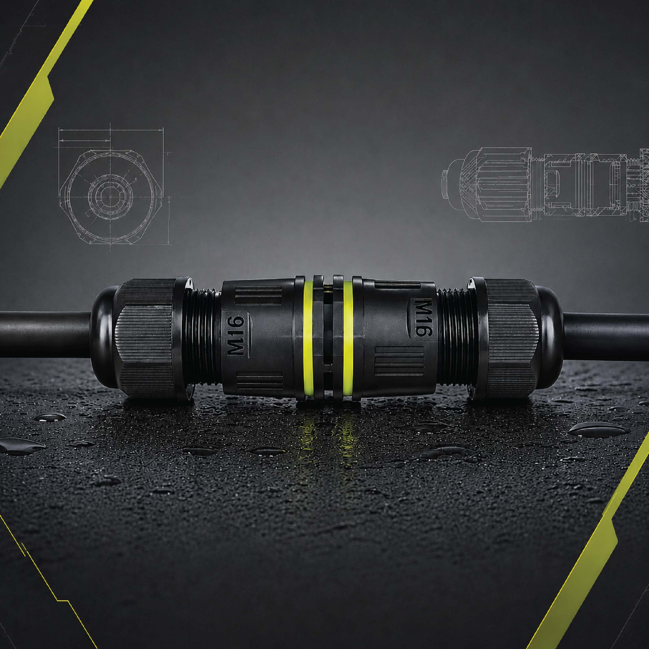 DOMIRA IP68 waterproof cable
connector displayed with water
splashes, highlighting its weatherproof,
dustproof and heavy-duty outdoor
performance.