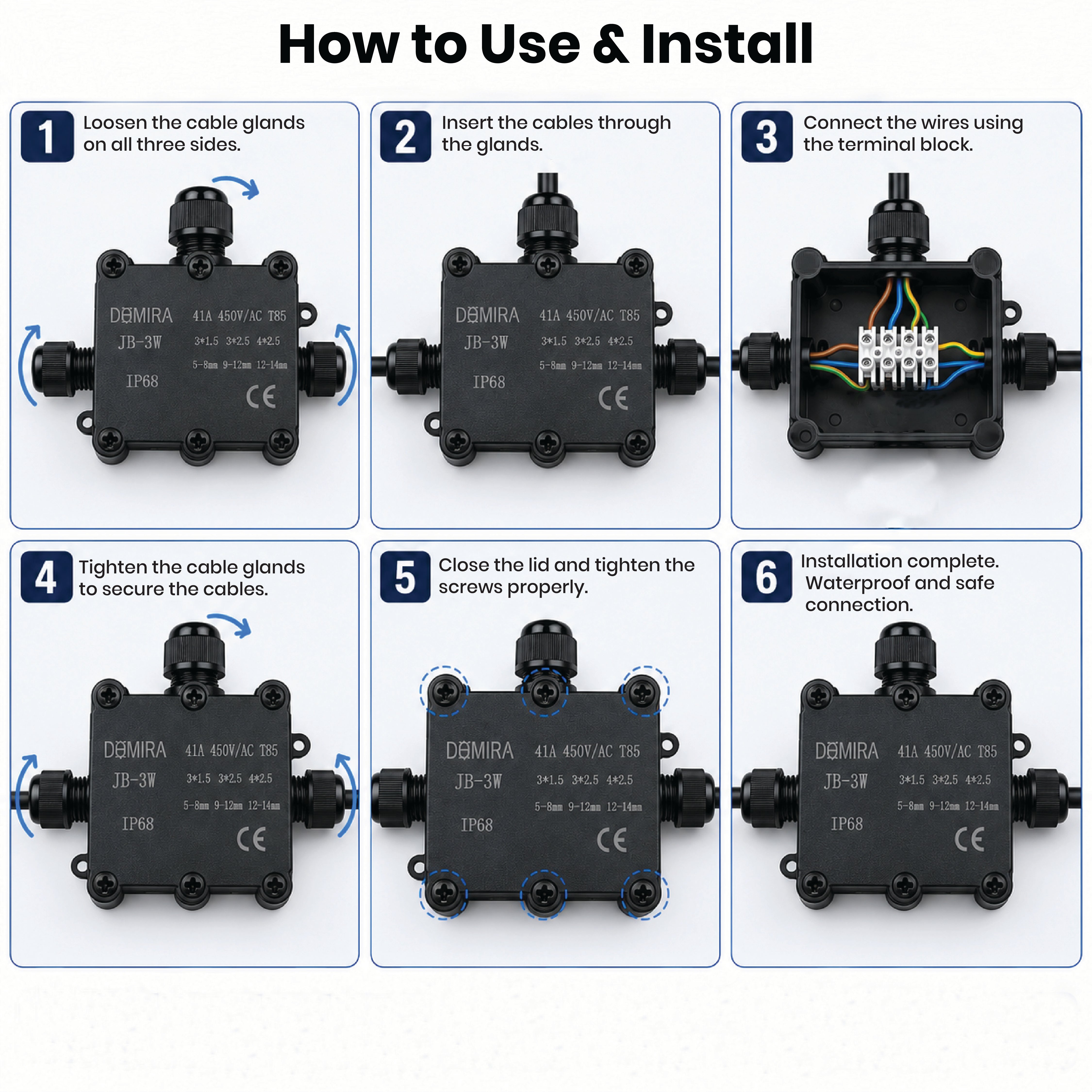 How to install DOMIRA weatherproof junction box for outdoor electrical connections and cable wiring, 3 way