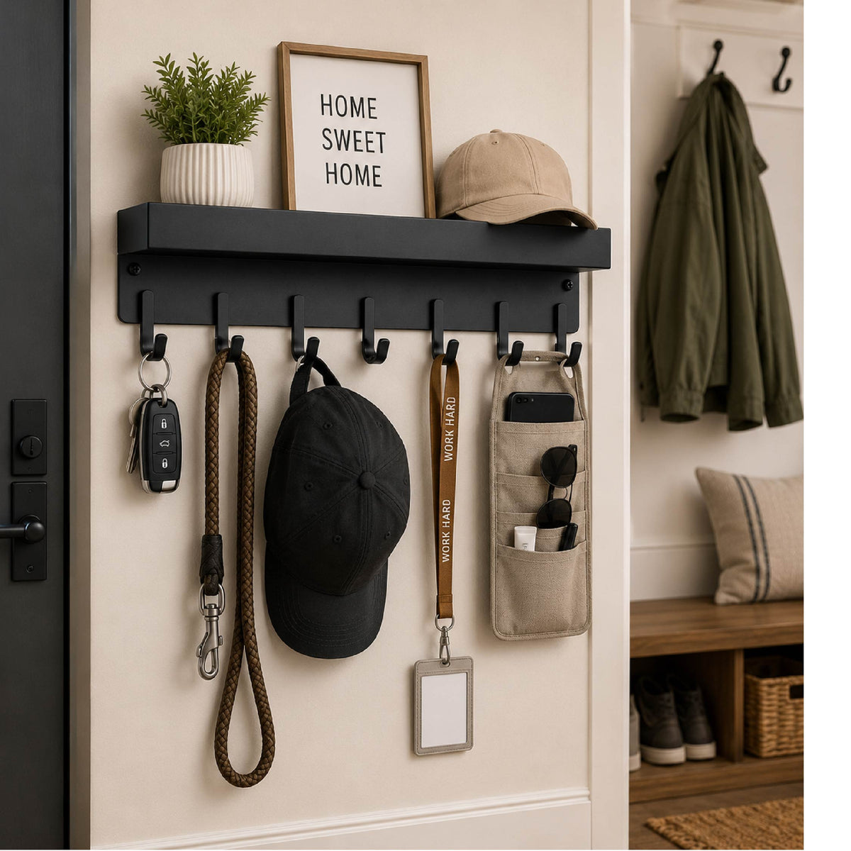 DOMIRA wall mounted key holder
installed in an entrance, keeping house
keys, car keys and daily essentials neatly
organised near the front door.