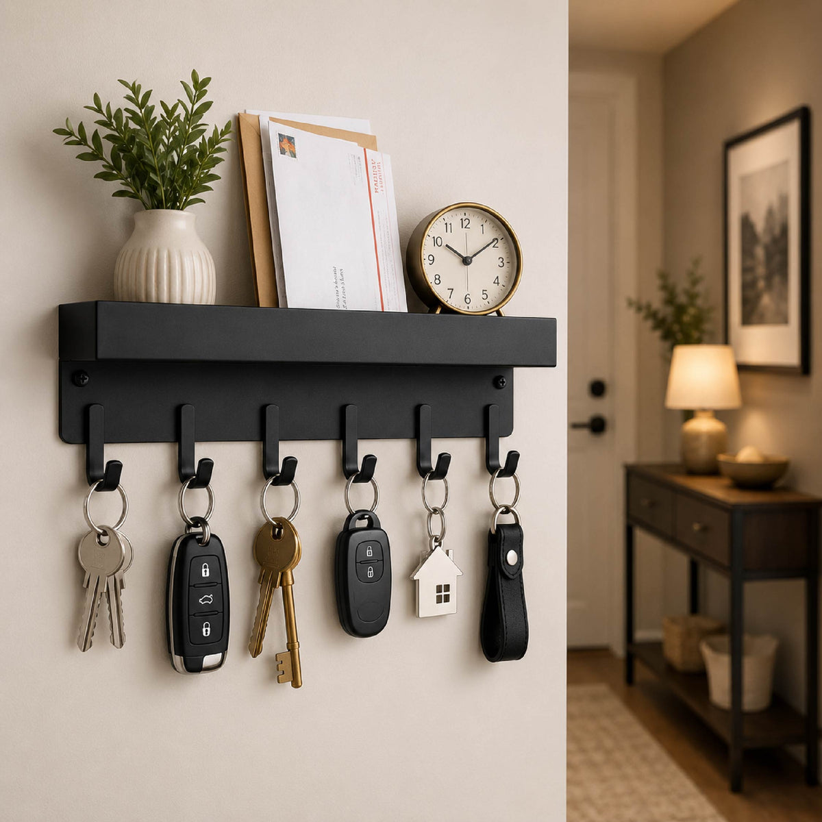DOMIRA key rack with shelf mounted in
a hallway providing organised storage for
keys, wallets, sunglasses and letters in a
modern home.