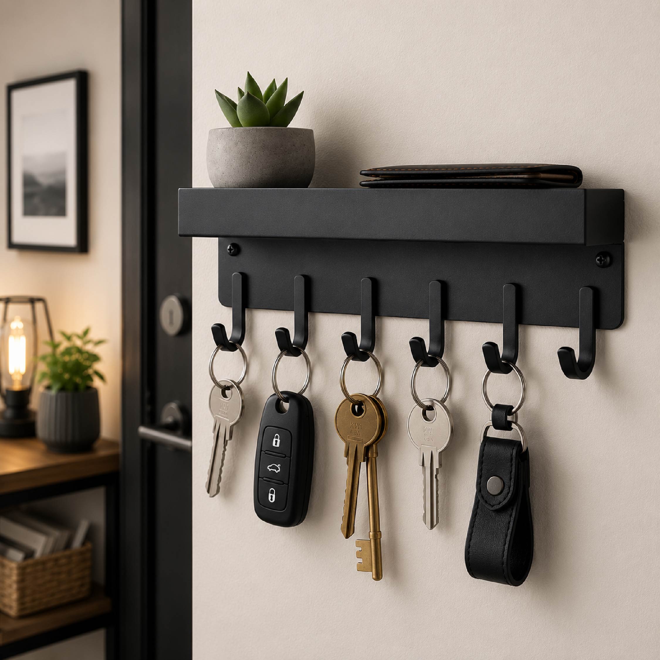 DOMIRA wall mounted key holder used
in a room to organise keys and everyday
accessories while adding practical wall
storage with a sleek modern design.