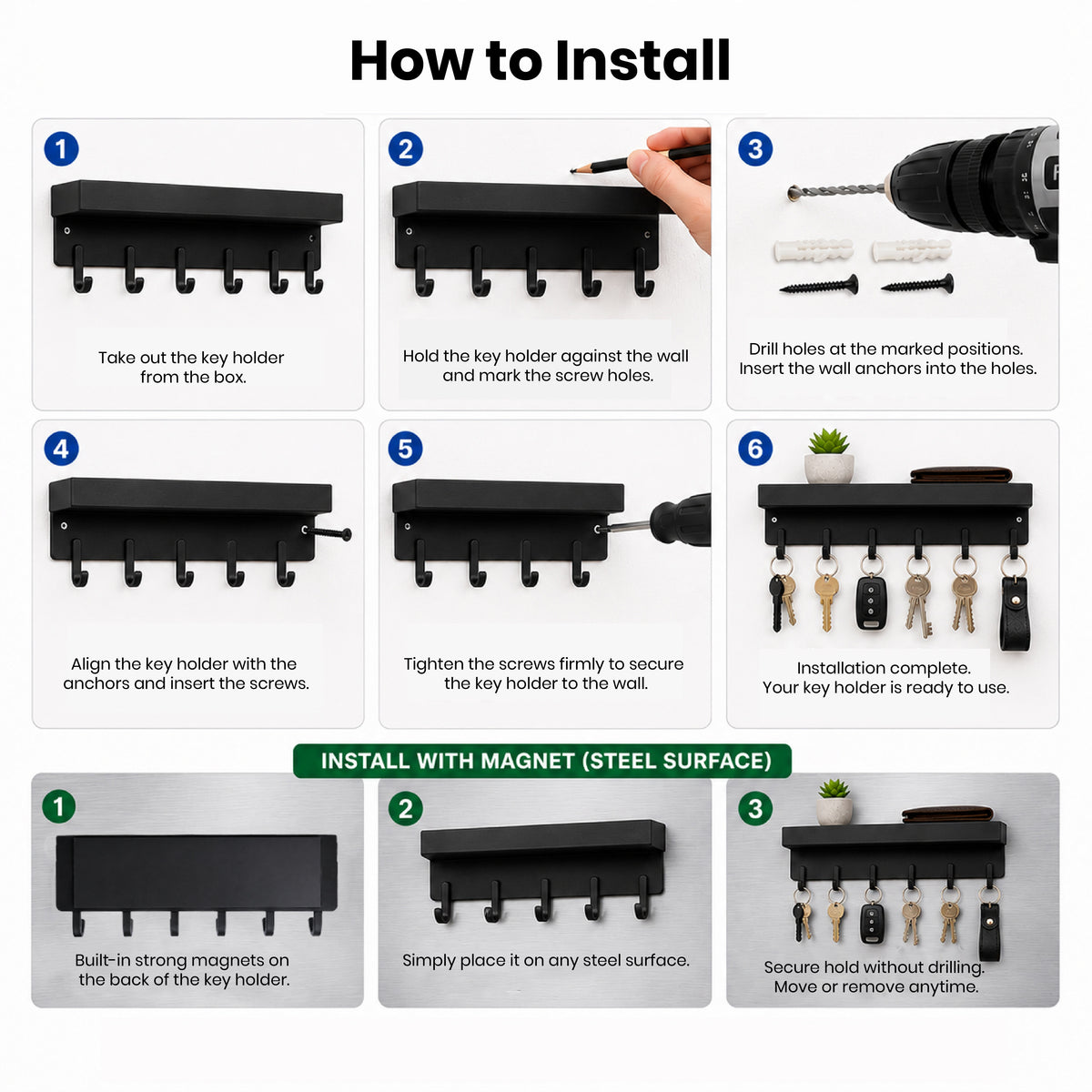 Installation guide showing the dual
mounting options for the DOMIRA key
holder using screw fixing on walls or the
integrated magnetic backing on metal
surfaces.