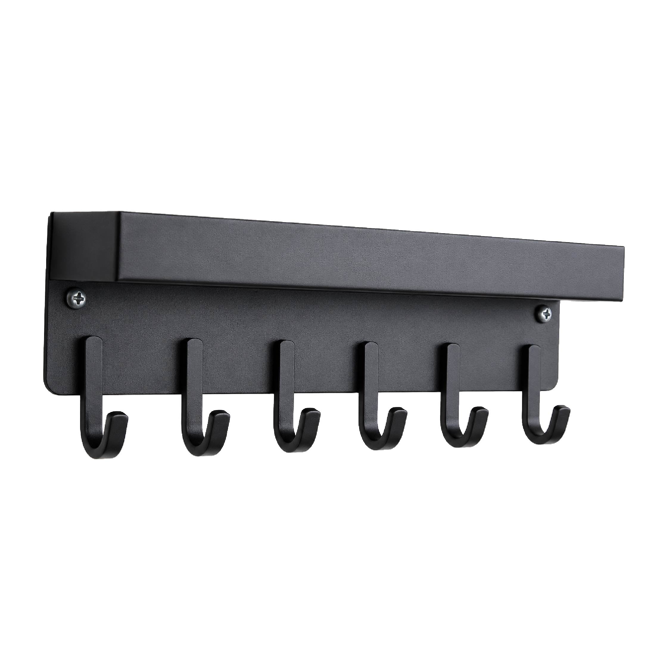 Angled view of the DOMIRA wall key
holder with shelf highlighting the modern
black finish, compact design and six key
hooks.
