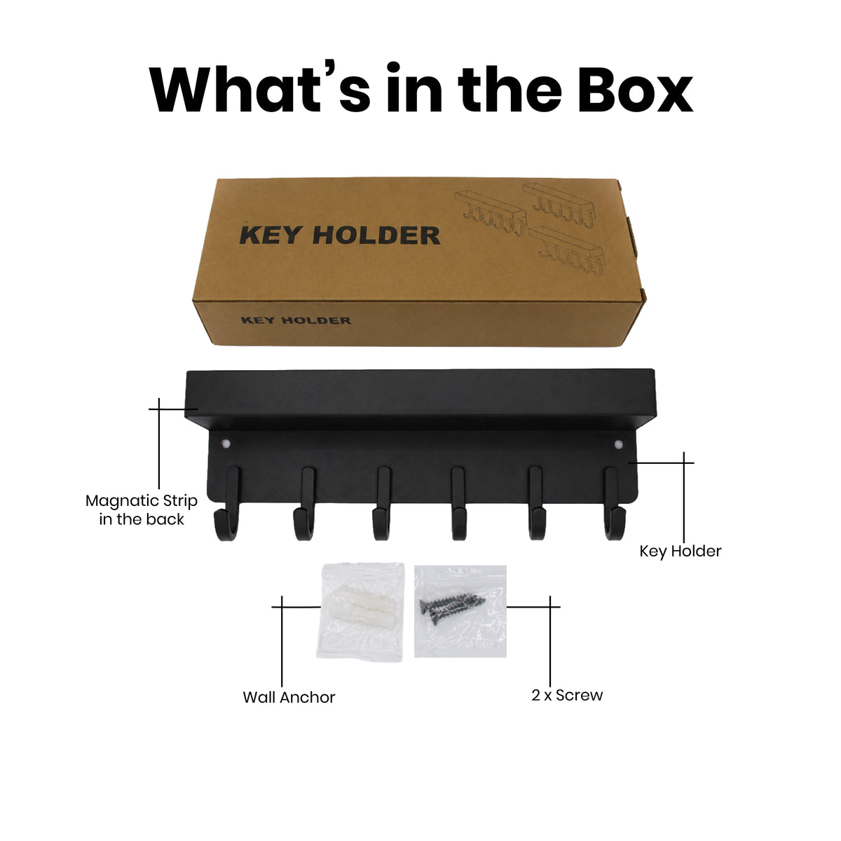Contents of the DOMIRA wall mounted
key holder package including the key
holder, integrated magnetic backing and
wall mounting hardware.