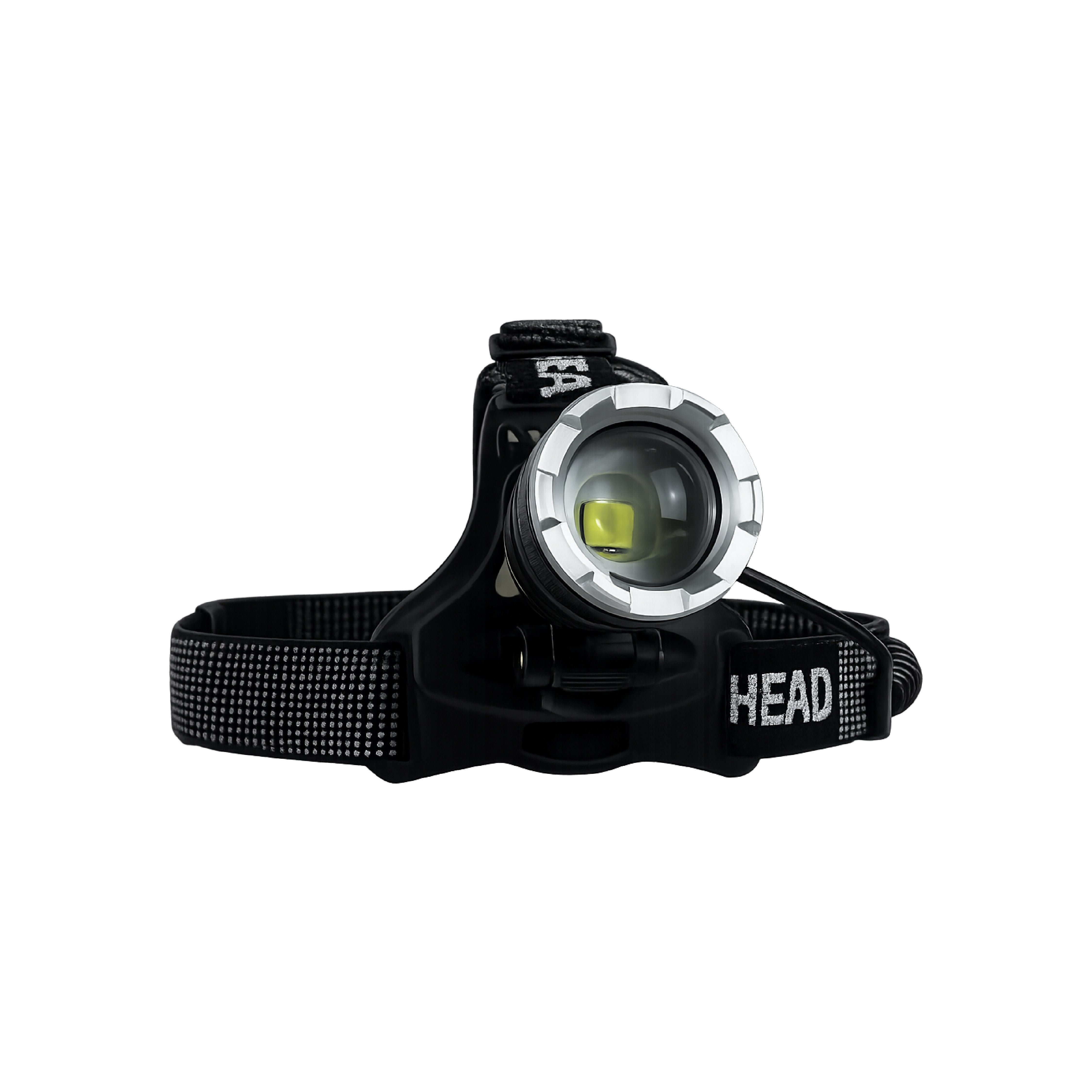 Angled view of the DOMIRA rechargeable LED headlamp highlighting the high-power LED, adjustable headband and waterproof construction.