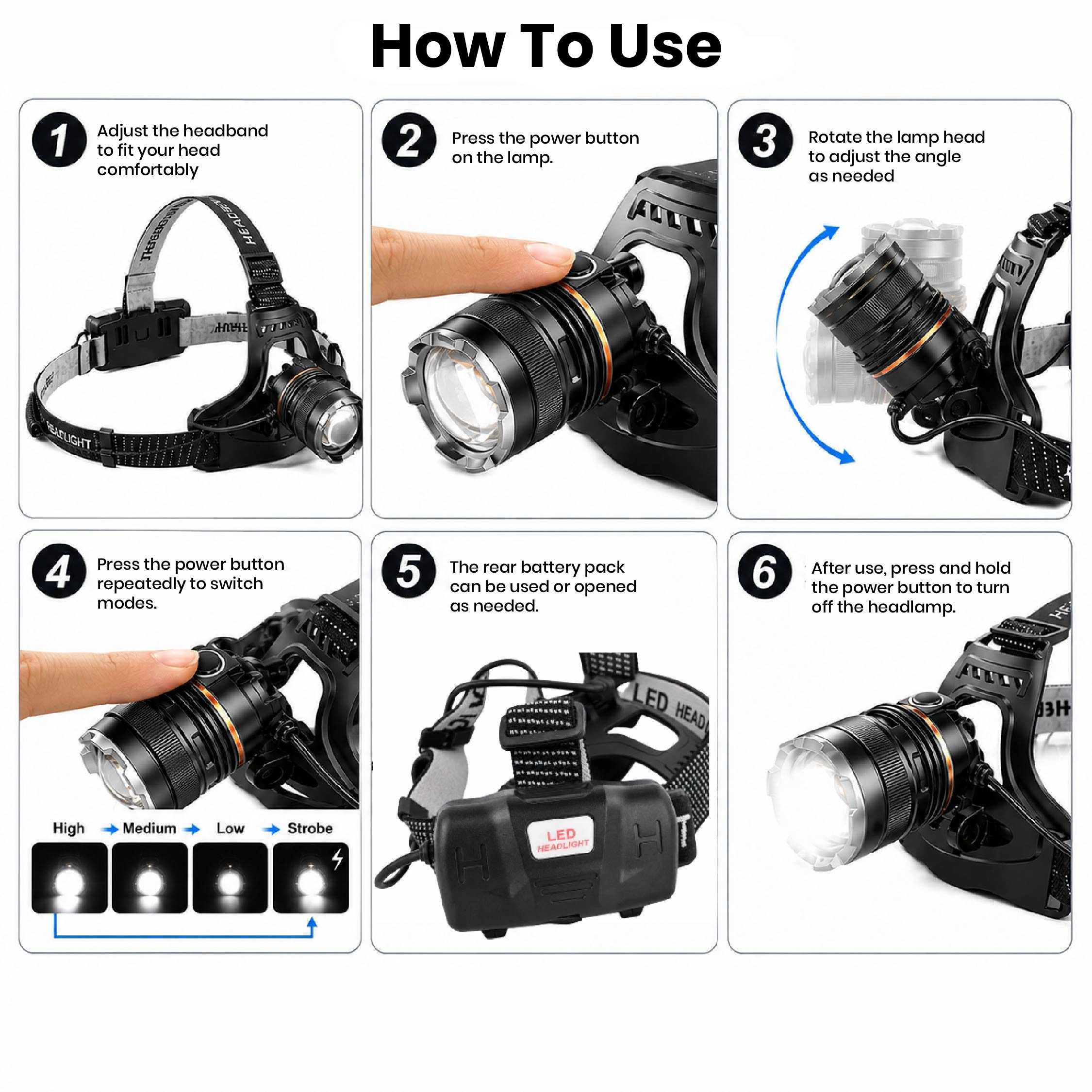 Step-by-step guide showing how to charge, adjust and operate the DOMIRA rechargeable LED head torch using its lighting modes and zoom function.