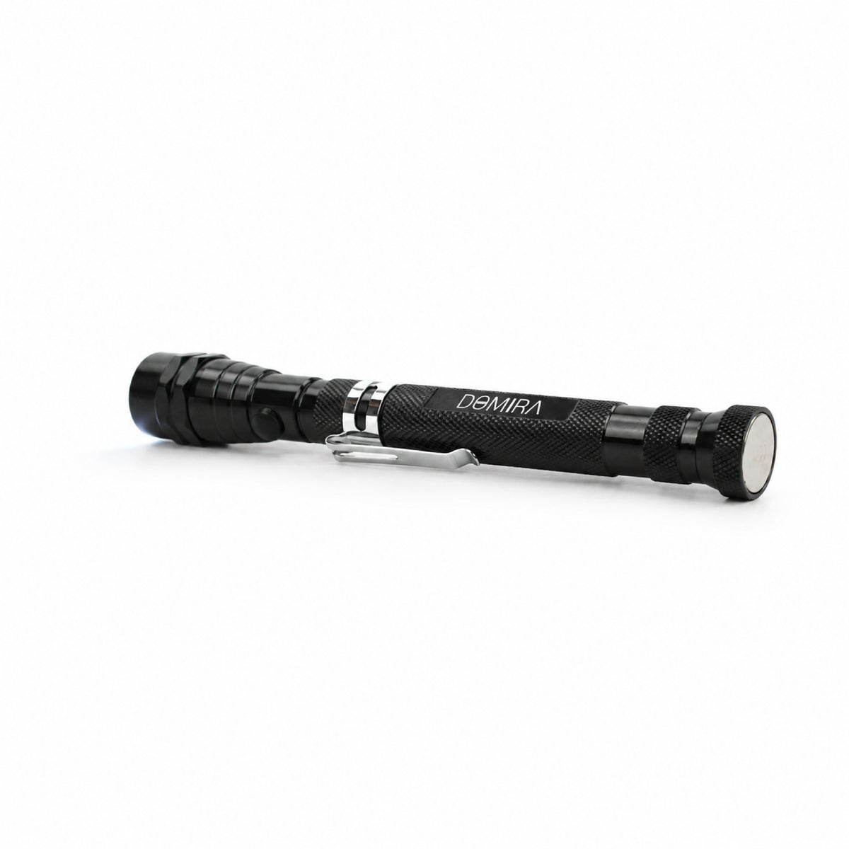Angled rear view of the DOMIRA
aluminium alloy magnetic pickup tool with
telescopic body and magnetic base.