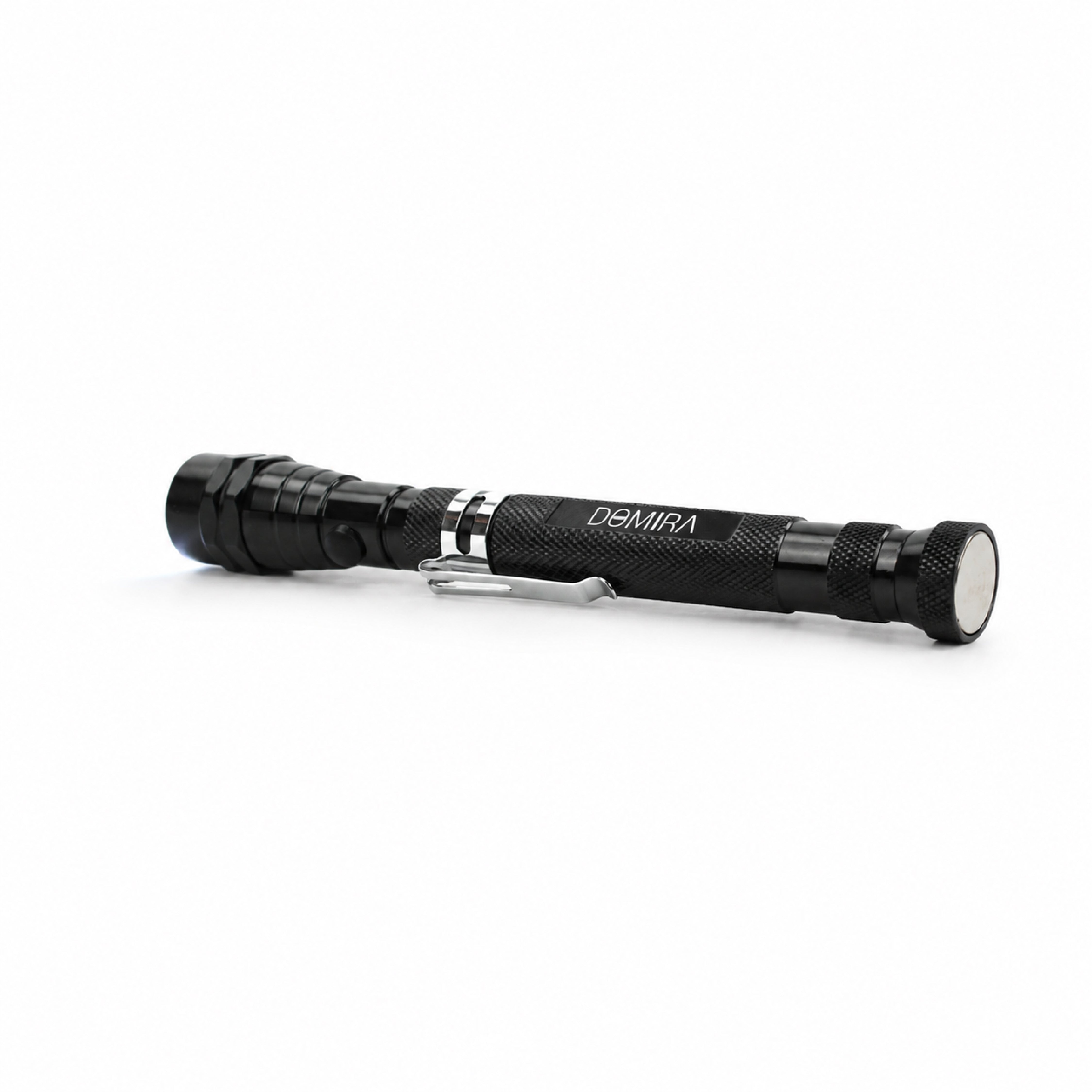 Angled rear view of the DOMIRA
aluminium alloy magnetic pickup tool with
telescopic body and magnetic base.