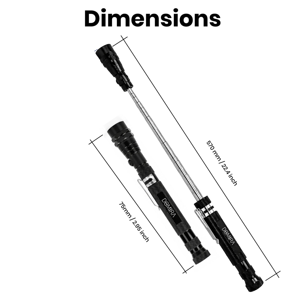 Dimensions of the DOMIRA telescopic
magnetic pickup tool showing the
extendable length from 170mm to
570mm.