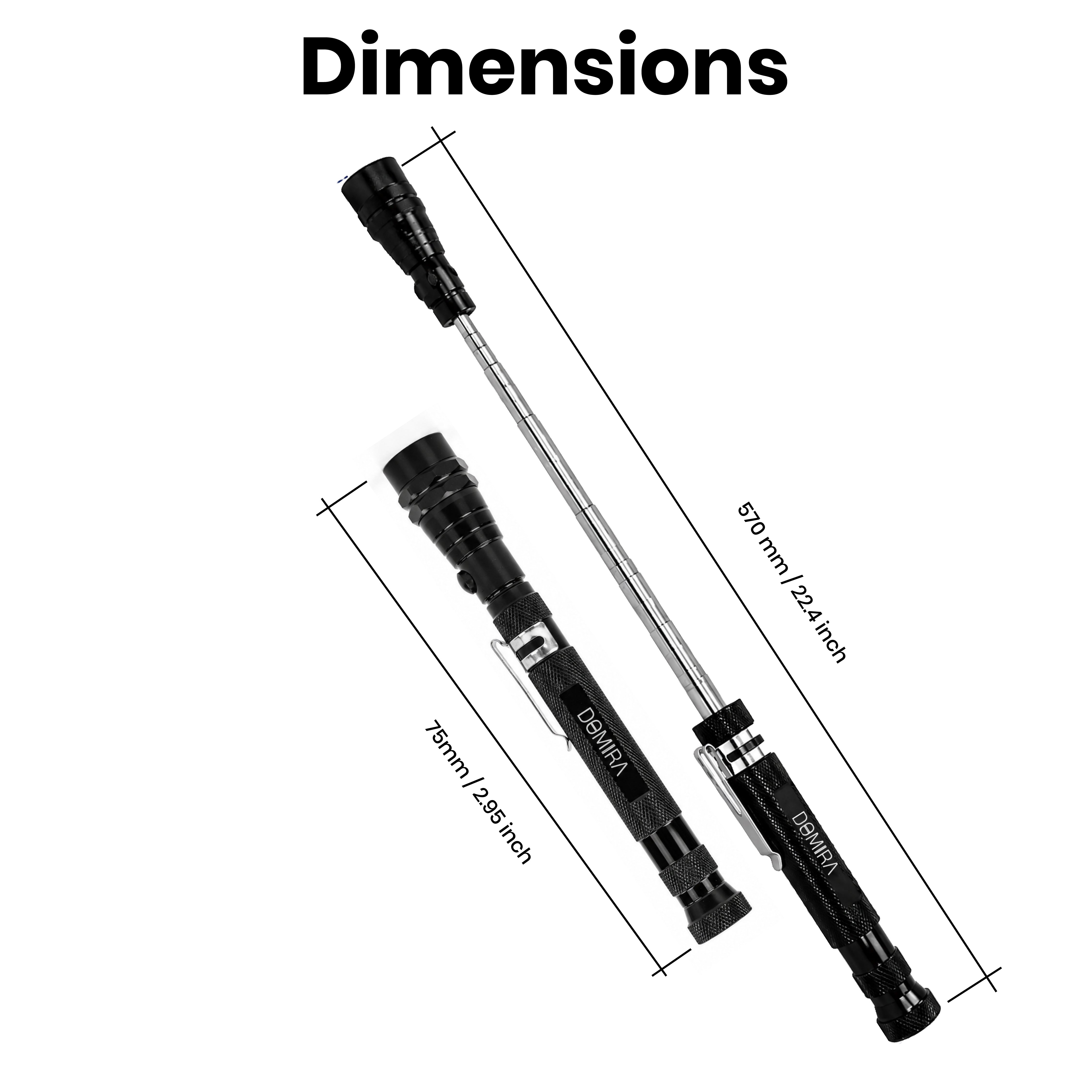 Dimensions of the DOMIRA telescopic
magnetic pickup tool showing the
extendable length from 170mm to
570mm.