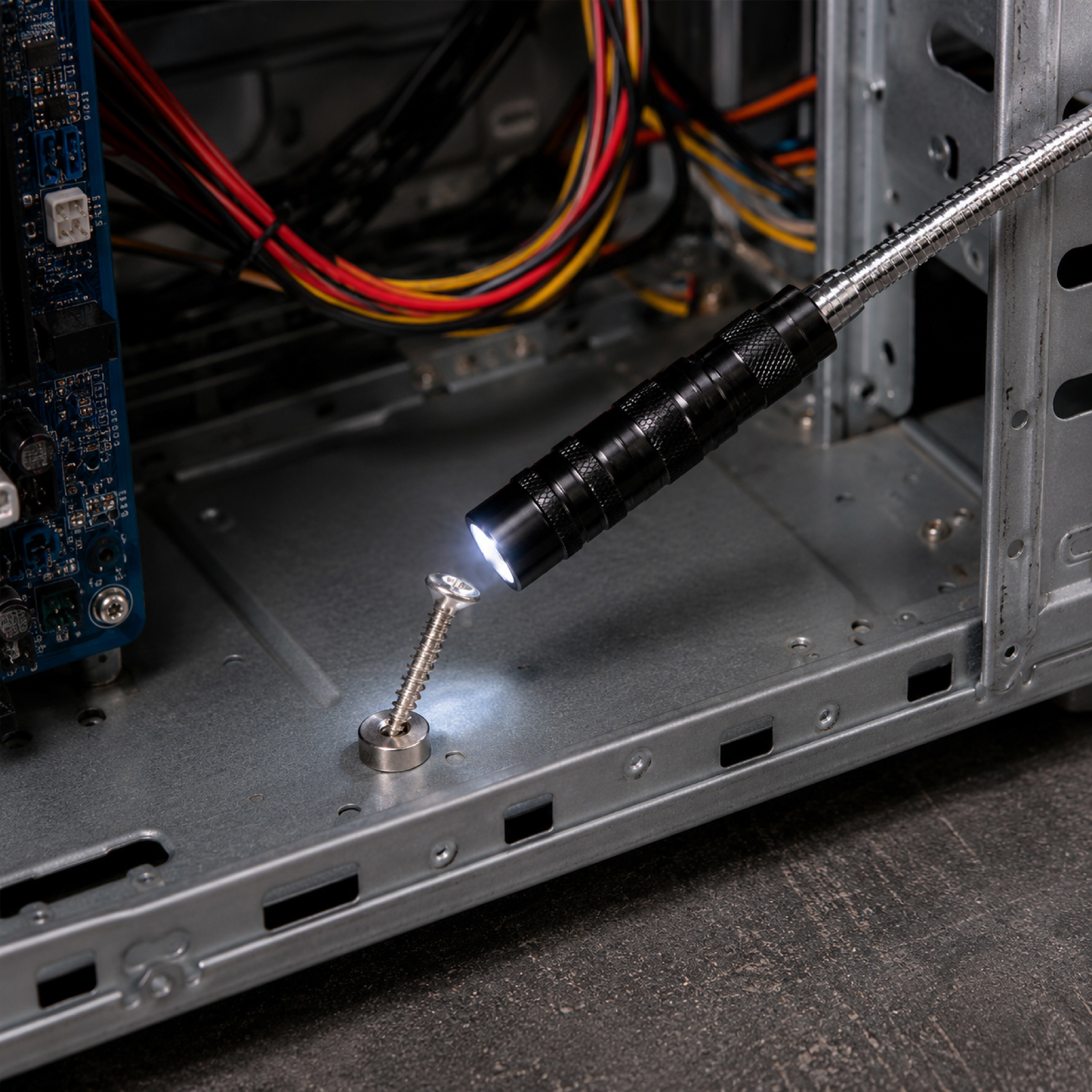 LED magnetic pickup tool recovering a
dropped screw from an electronic device,
demonstrating precision retrieval in
confined spaces.