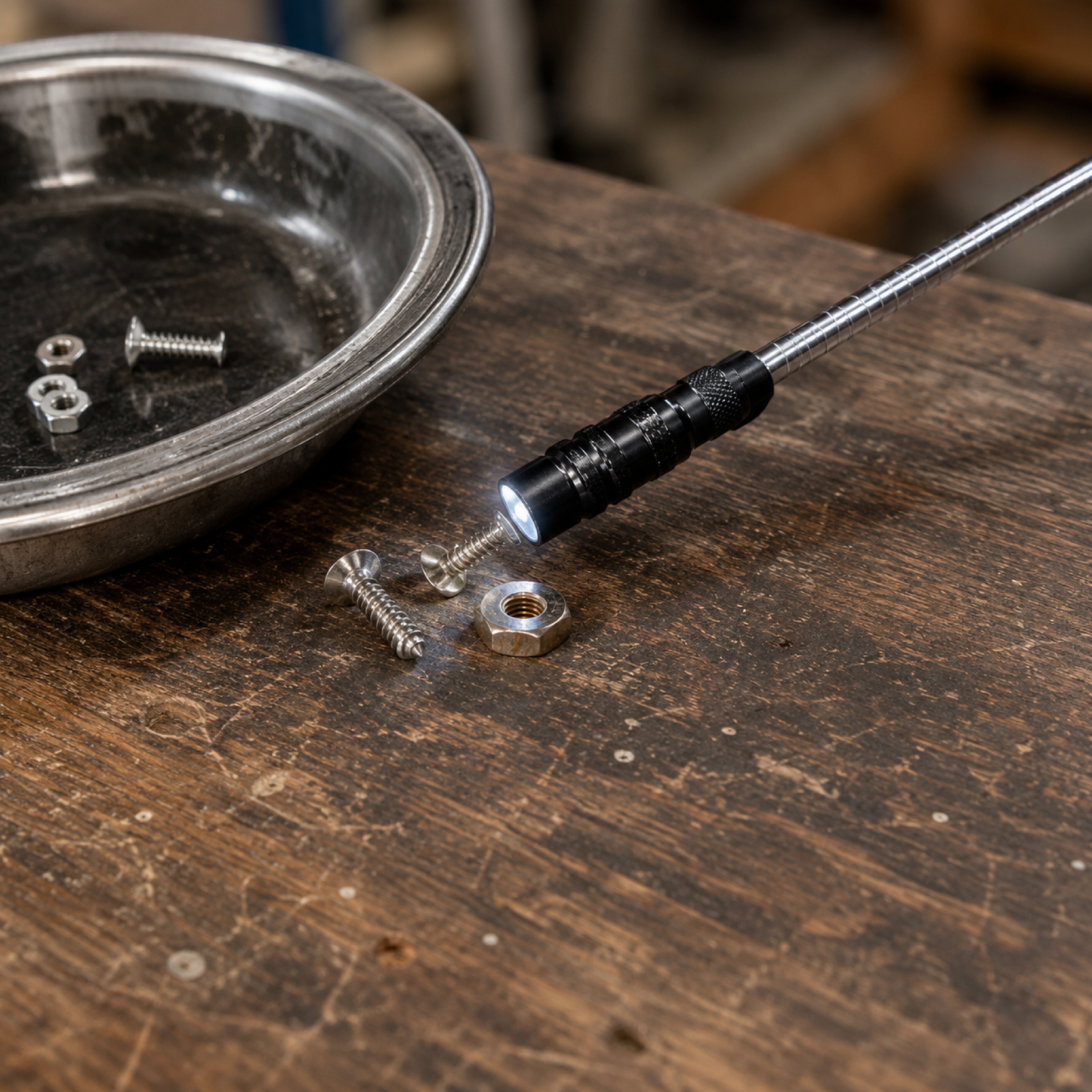 DOMIRA telescopic magnetic pickup tool
collecting nuts and bolts in a workshop,
ideal for mechanics, DIY projects and
garage repairs.
