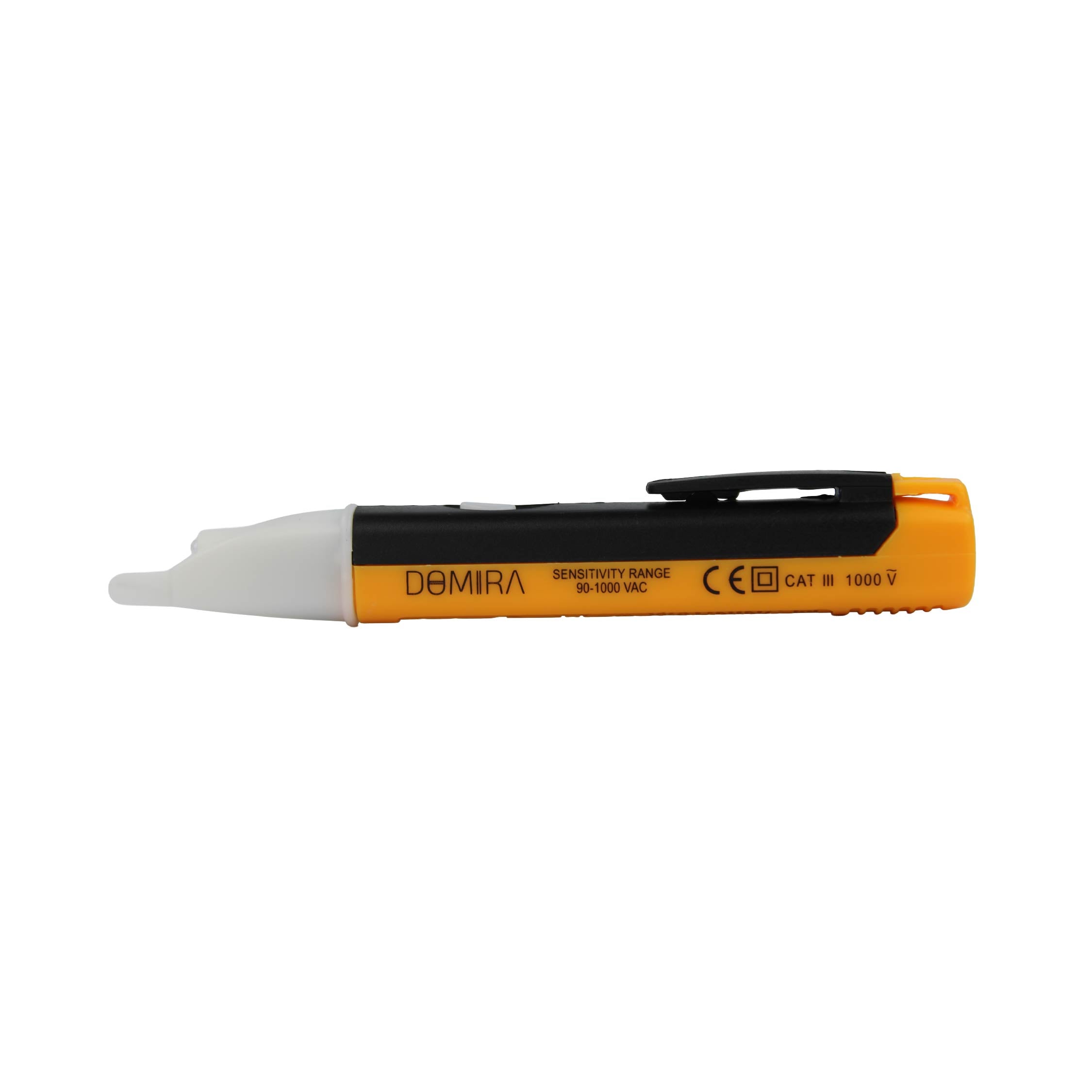 Side profile of the DOMIRA non-
contact voltage tester pen with slim
portable design for electrical
troubleshooting and live wire
detection.