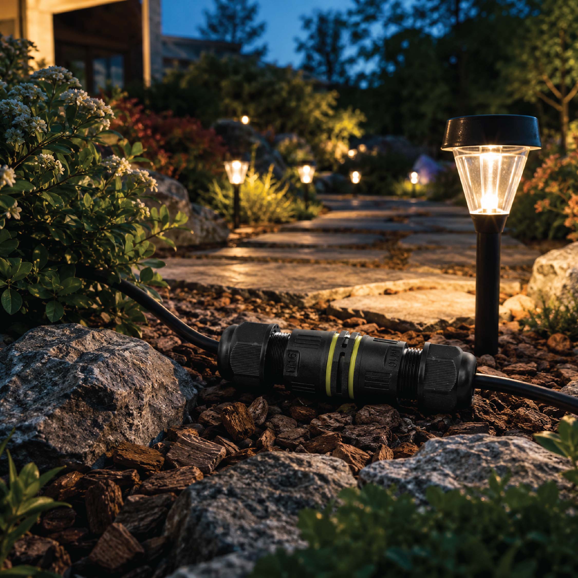 DOMIRA waterproof outdoor cable
connector installed alongside garden
lighting, providing safe and
weatherproof electrical connections.