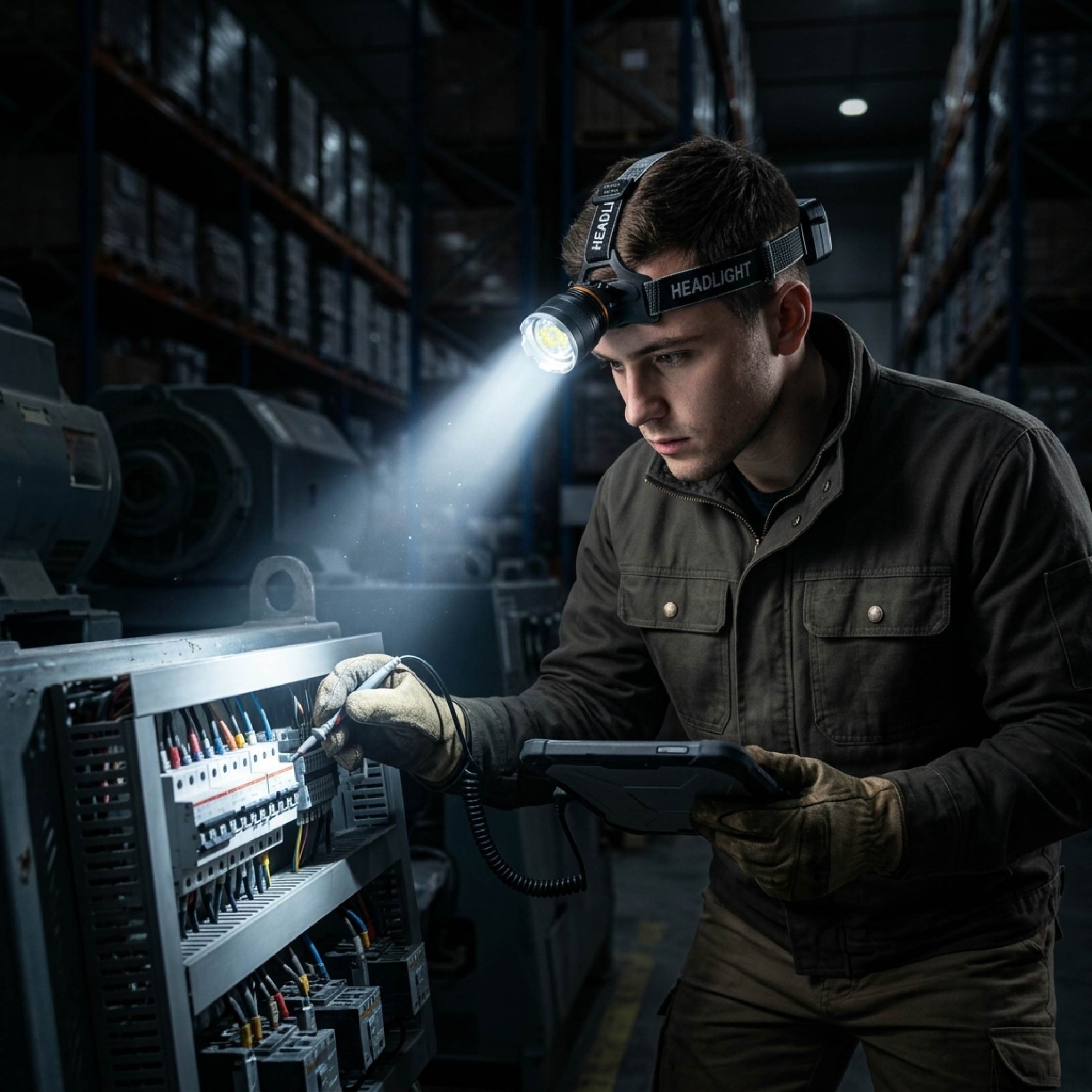 Professional using the DOMIRA rechargeable LED head torch while repairing an electrical installation in a warehouse, demonstrating bright