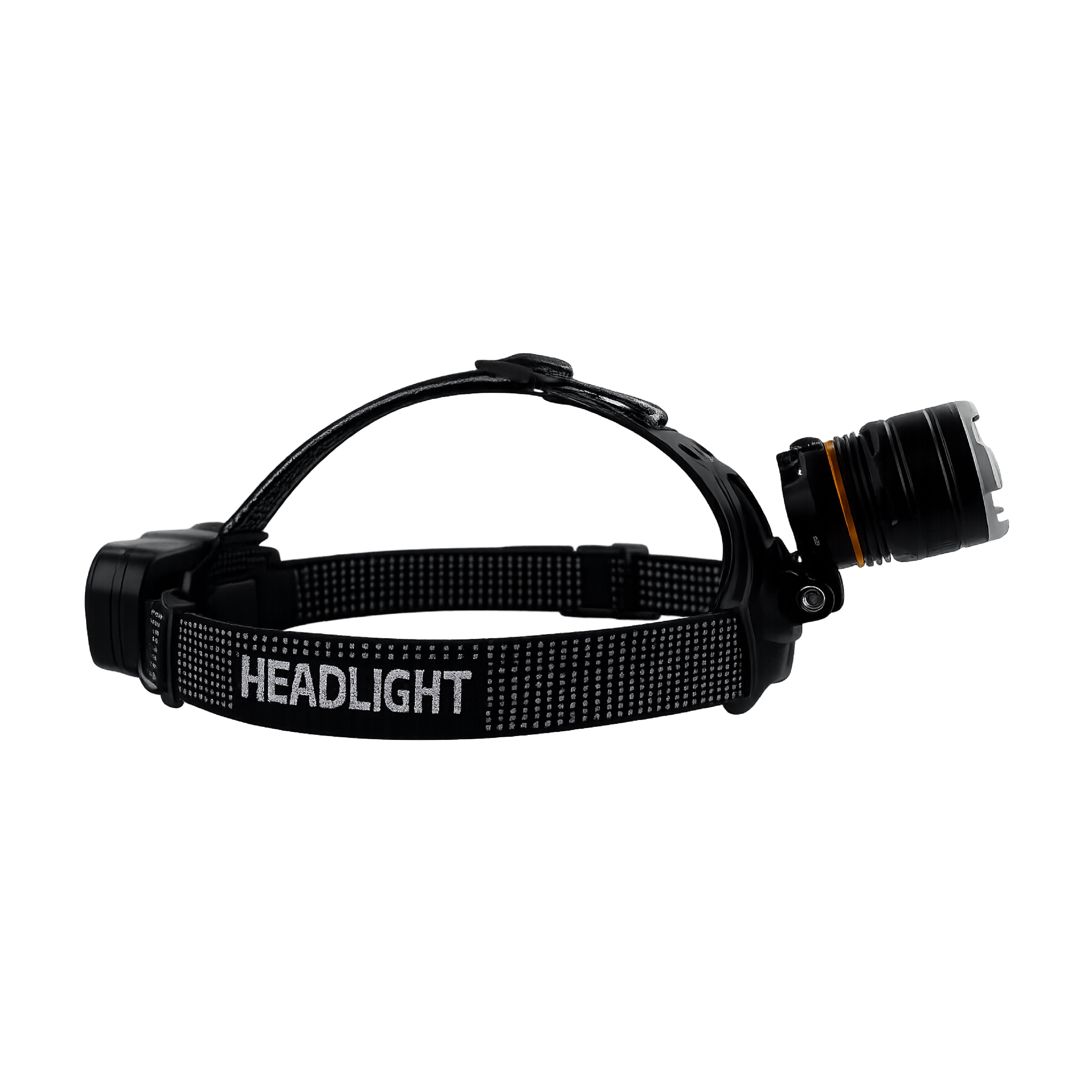 Side profile of the DOMIRA rechargeable LED head torch showing the 90-degree adjustable lamp and aluminium alloy housing.