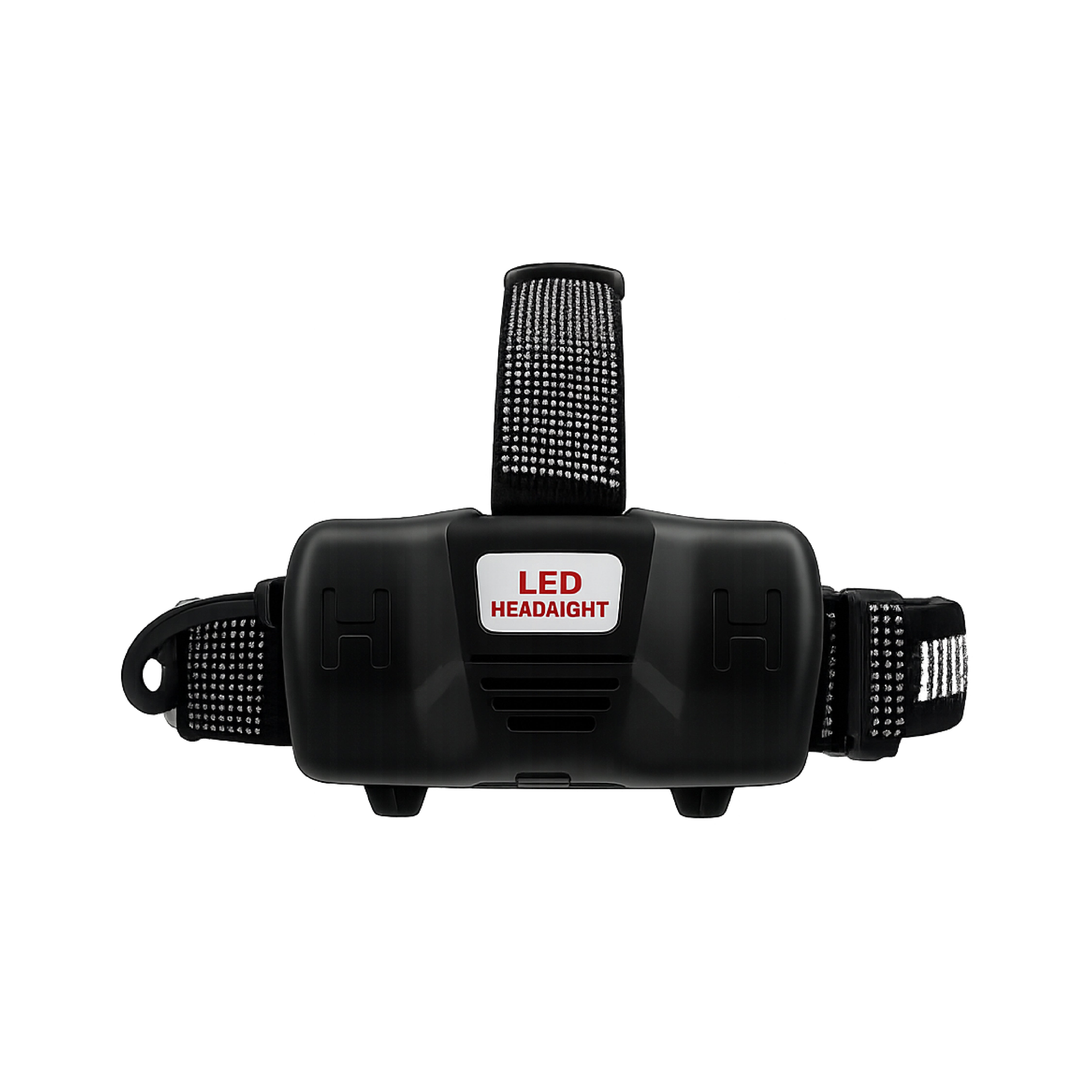 Back view of the DOMIRA rechargeable head torch showing the secure battery compartment, adjustable head strap and rear safety light.