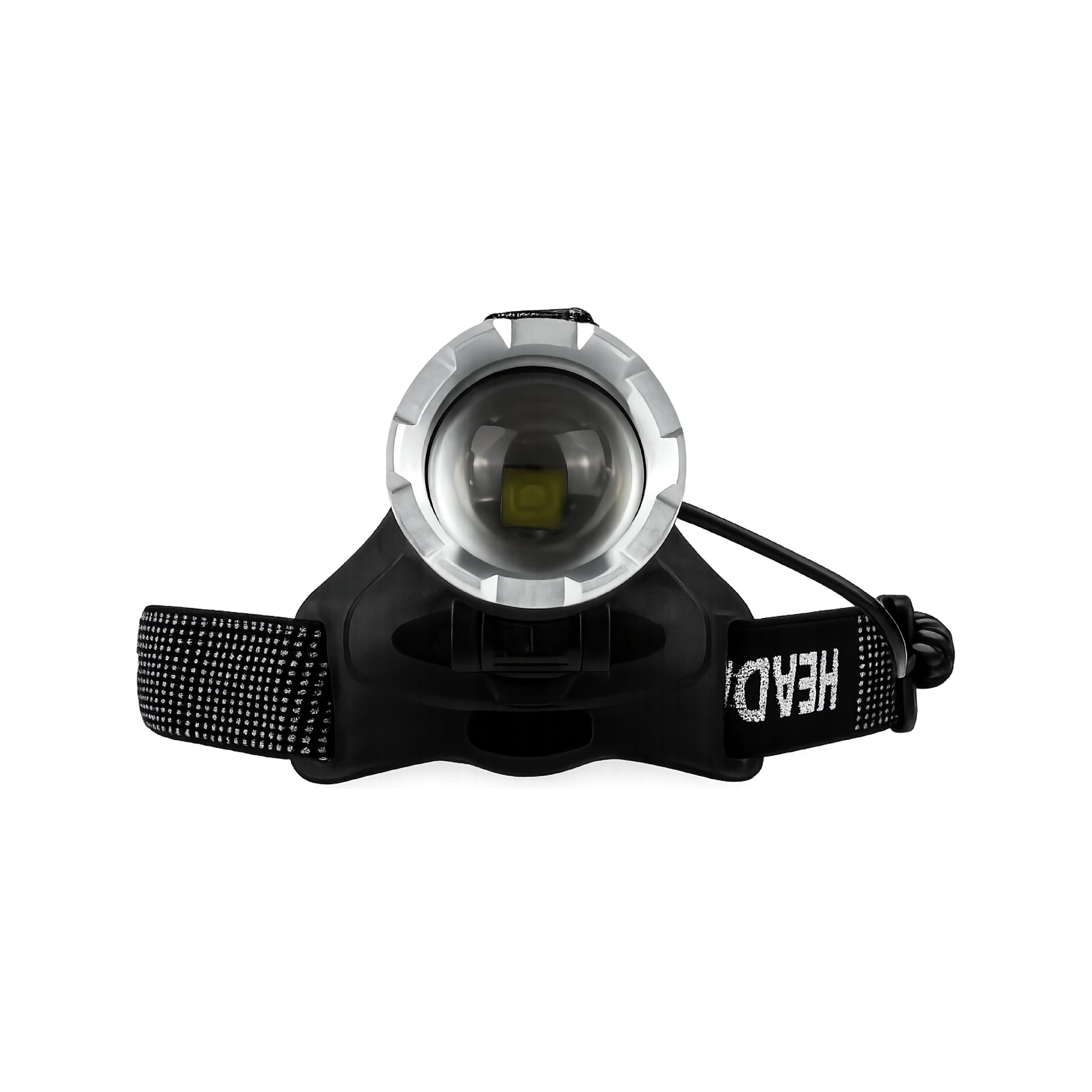 Front view of the DOMIRA rechargeable LED head torch with powerful 5000LM LED, adjustable headlamp and durable aluminium body.