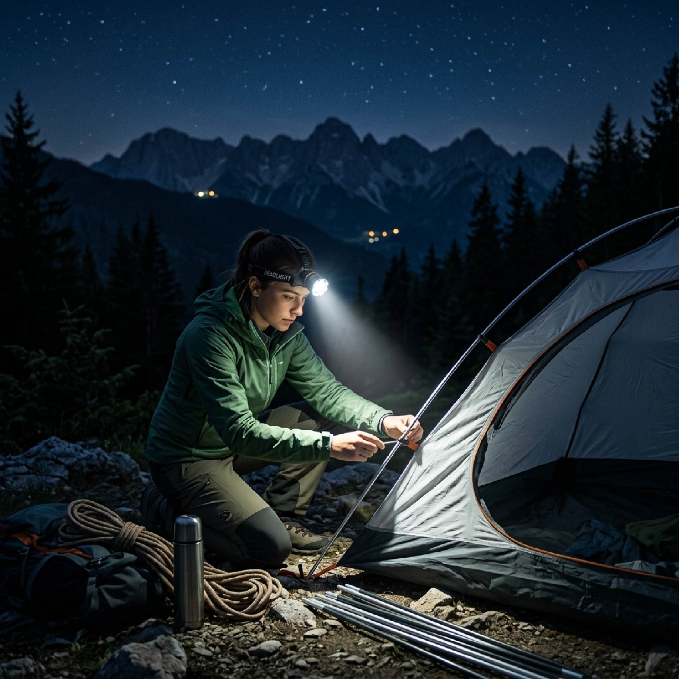 DOMIRA rechargeable LED head torch providing bright hands-free illumination while camping outdoors at night with a powerful 5000 lumen beam.