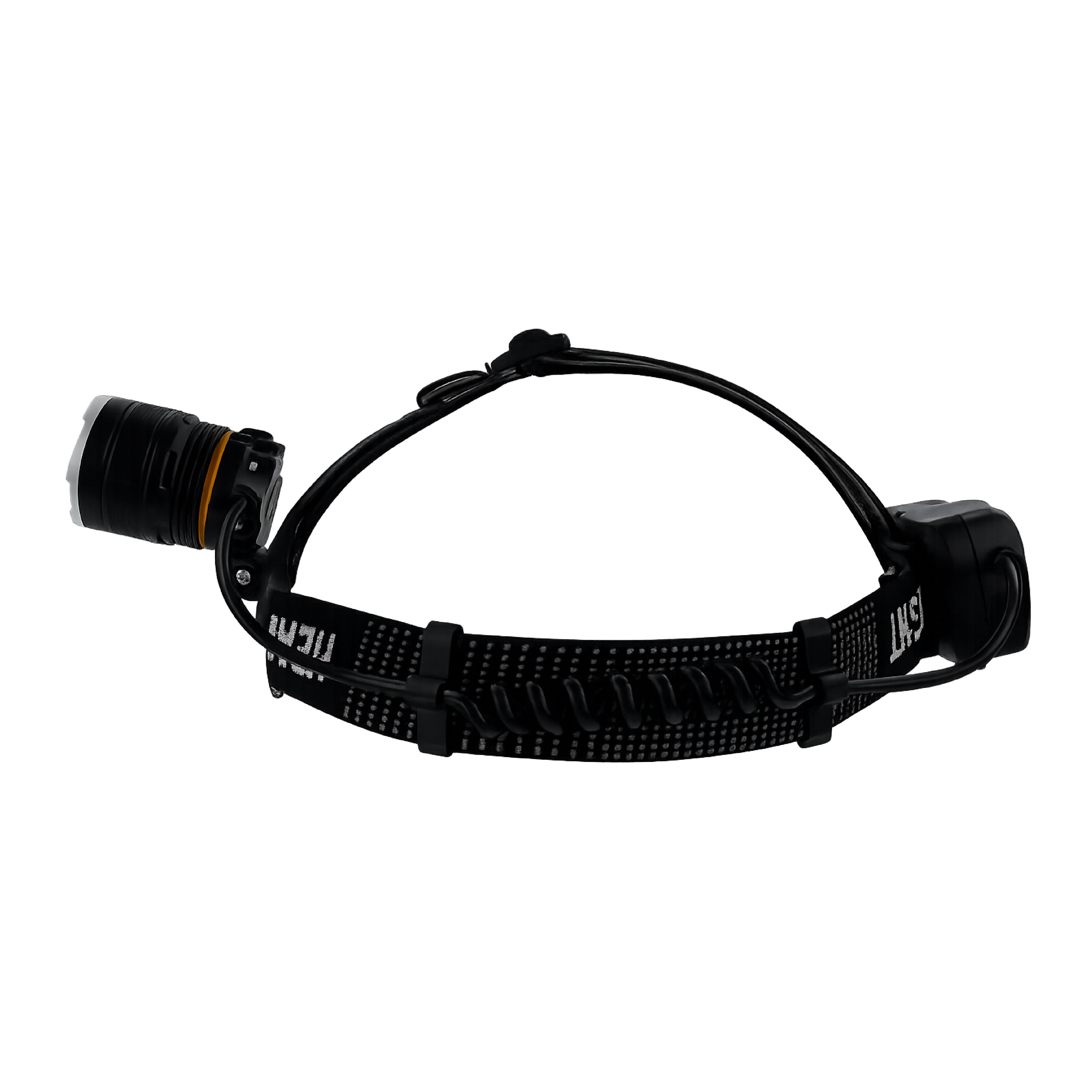 Alternate side view of the DOMIRA USB rechargeable head torch displaying the zoomable lens and ergonomic design.