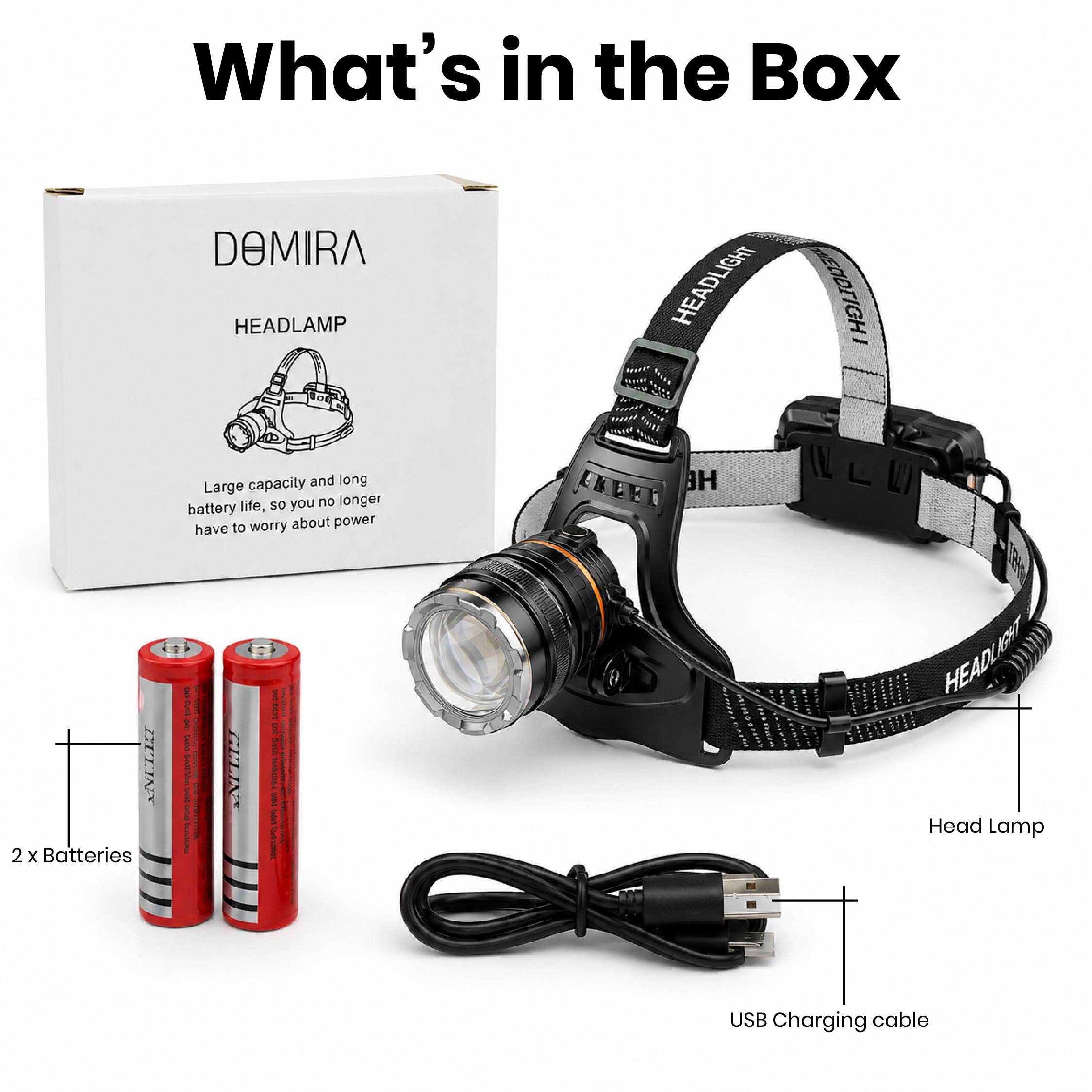 Box contents of the DOMIRA rechargeable LED head torch including the headlamp, rechargeable battery, USB charging cable and user manual.