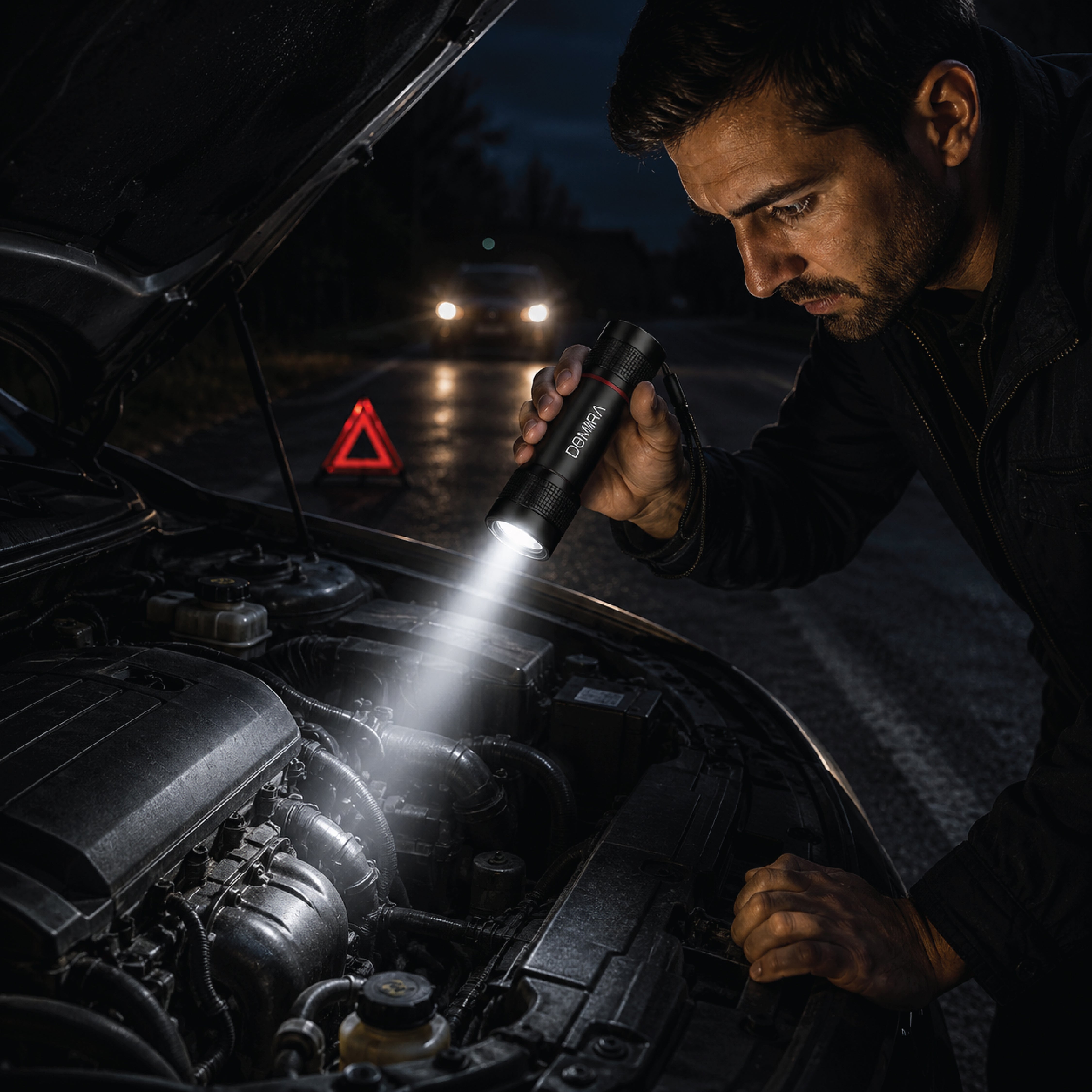 DOMIRA rechargeable LED torch being used
during a vehicle breakdown at night, providing
bright emergency lighting and roadside
visibility.