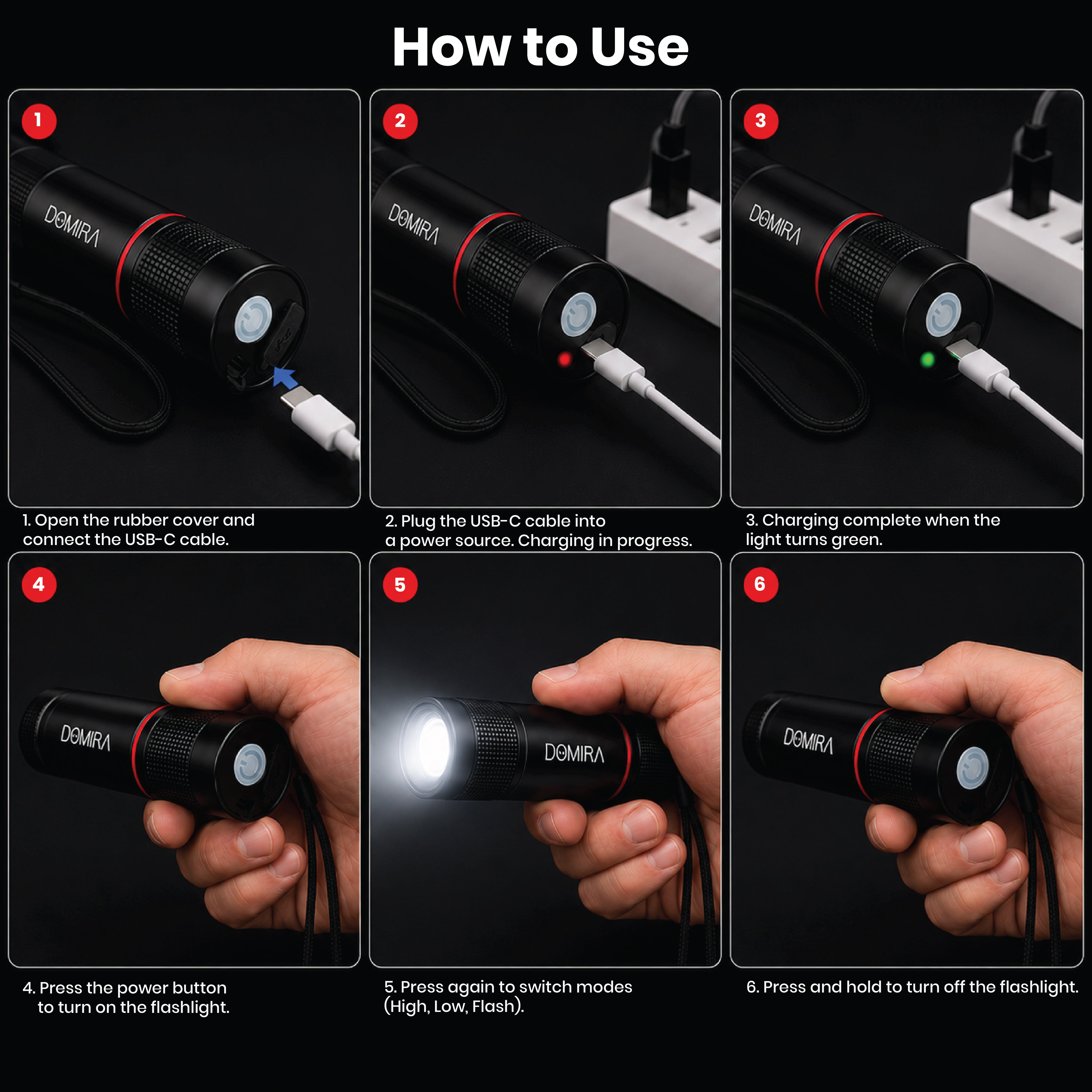Instructional image showing how to operate
the DOMIRA rechargeable LED torch
including lighting modes, zoom adjustment
and USB-C charging.