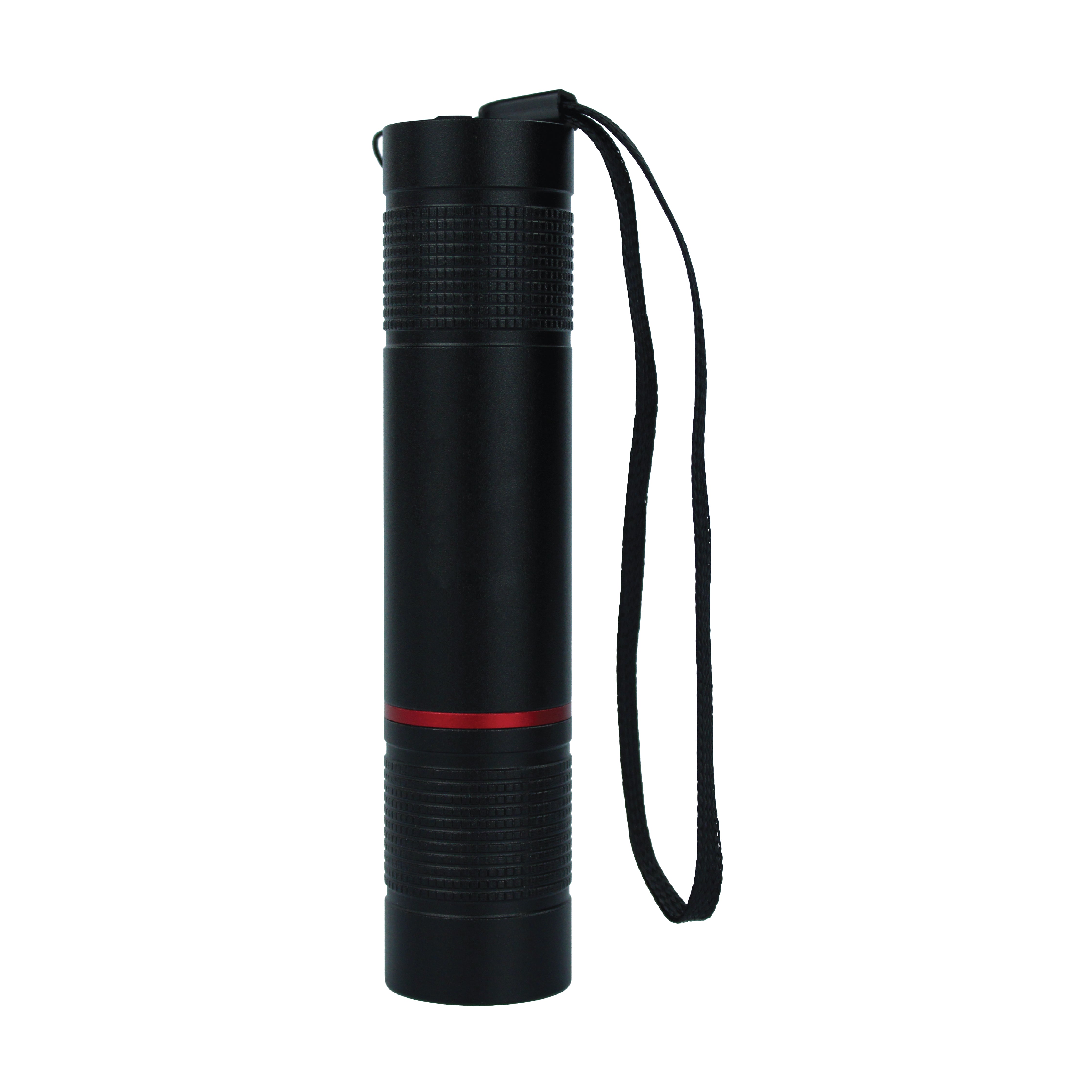 Back view of the DOMIRA
rechargeable LED torch showing the
durable aluminium alloy construction
and compact portable design.
