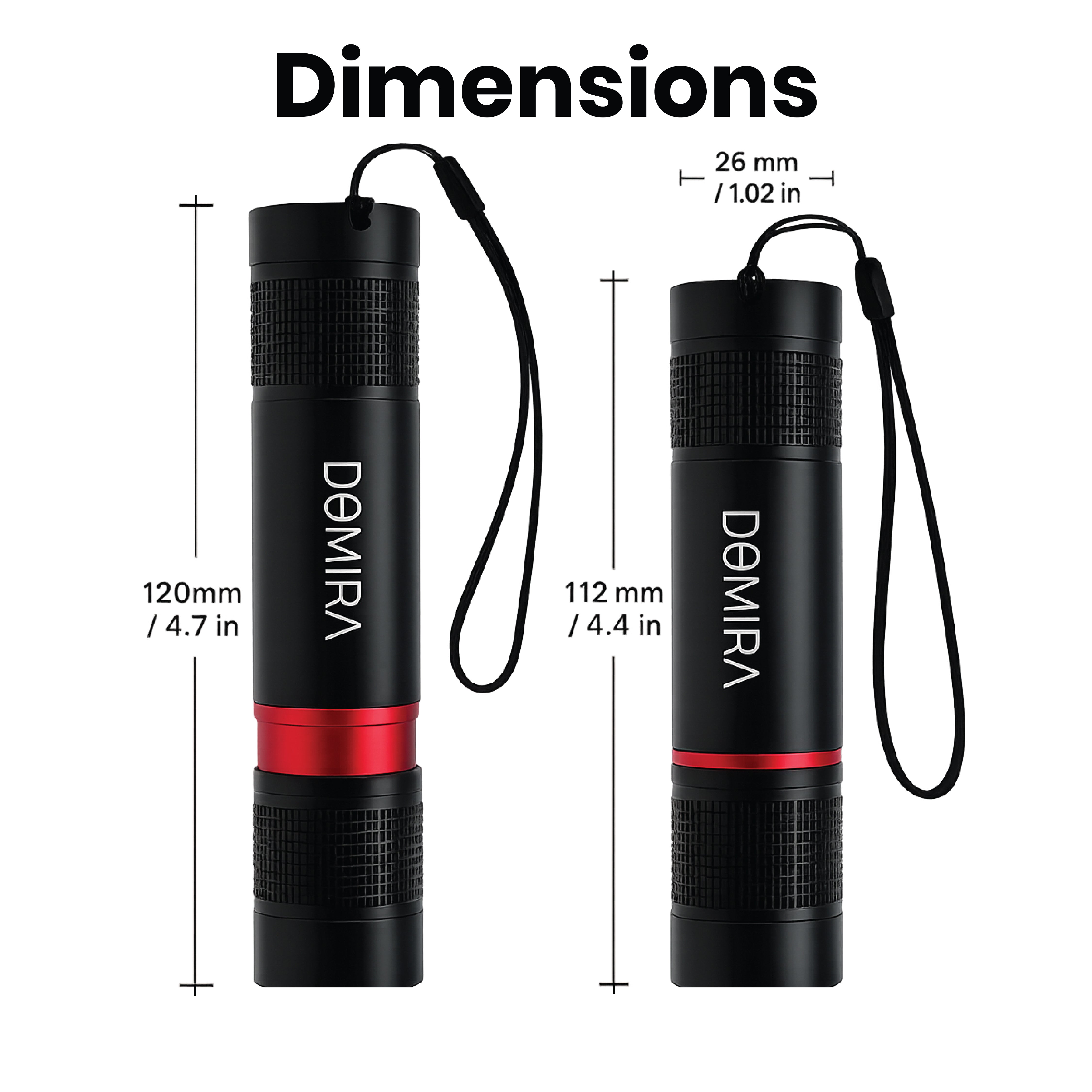 Dimensions of the DOMIRA
rechargeable LED torch showing the
compact pocket-sized design suitable
for everyday carry.