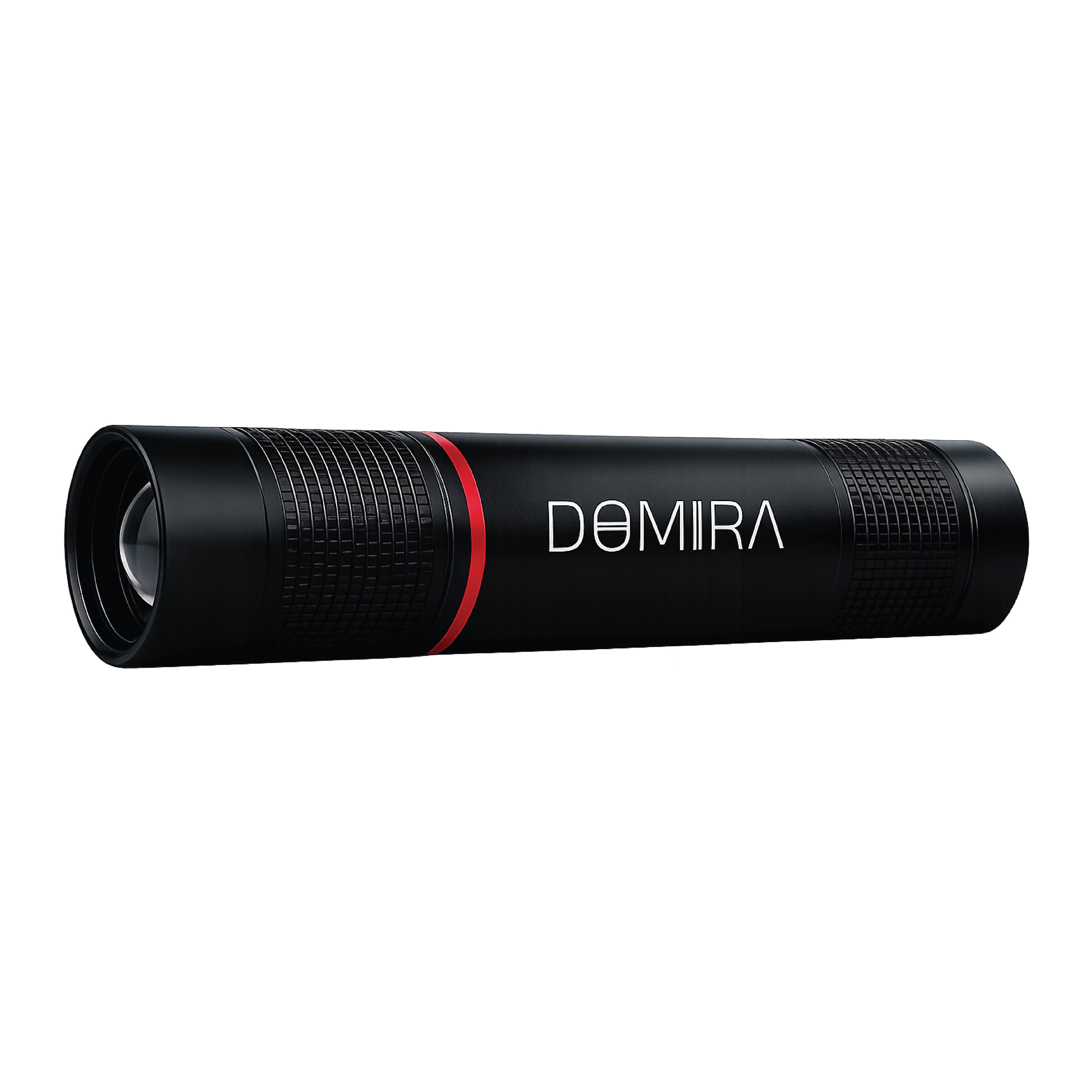Side profile of the DOMIRA
rechargeable LED flashlight showing its
compact size, knurled grip and
ergonomic construction.